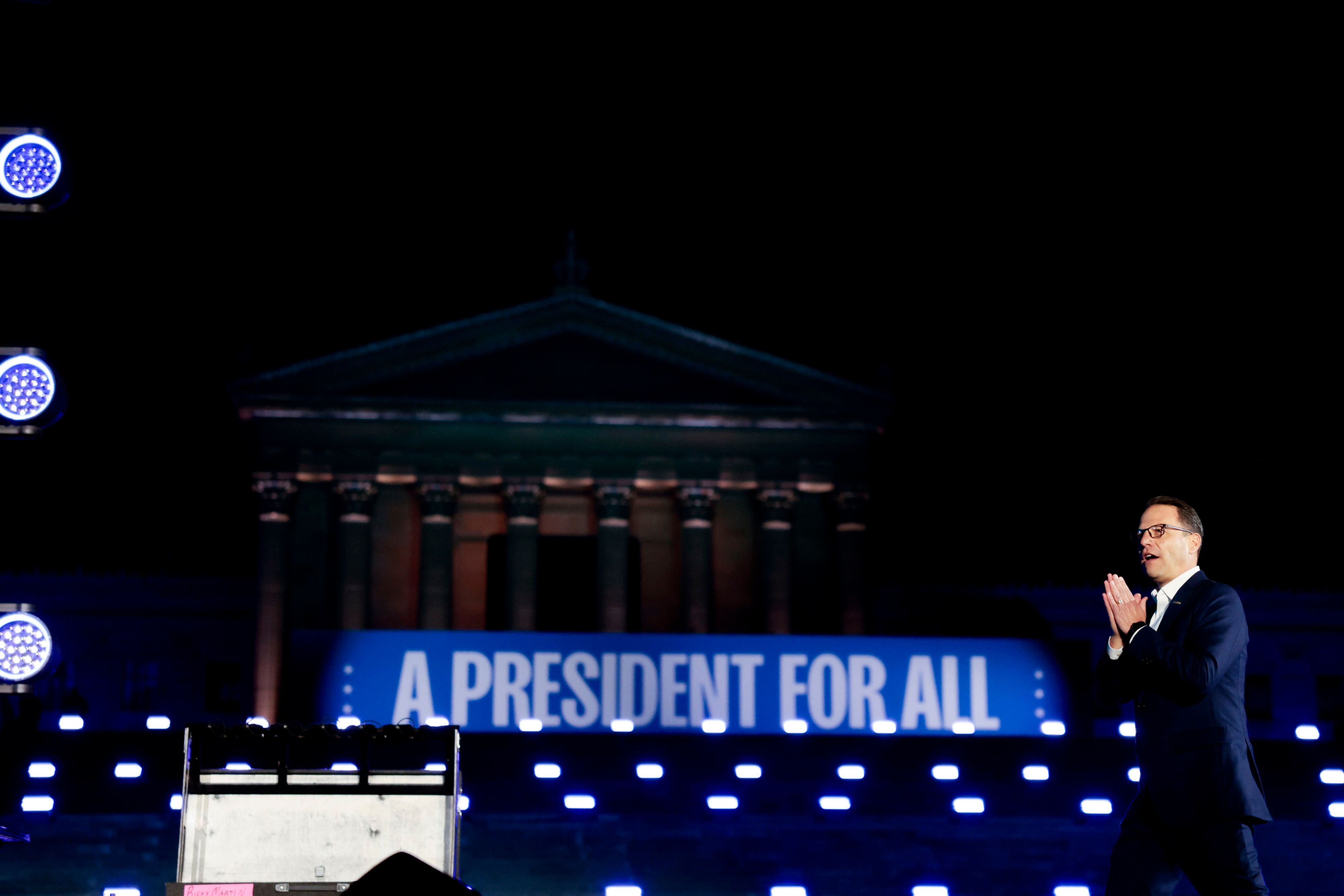 Pennsylvania Gov. Josh Shaprio speaks at Vice President Harris' final campaign rally at the at the Philadelphia Museum of Art Monday night.