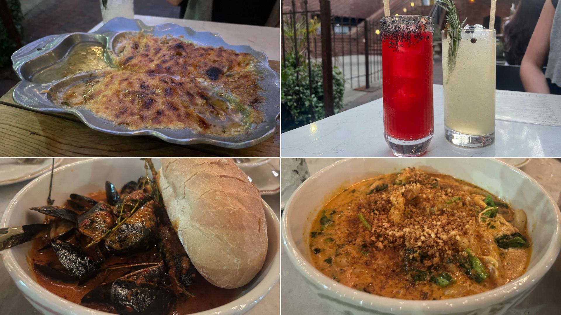 Quad-panel collage: top-left golden broiled oysters in a scalloped pan; top-right red cocktail and pale drink with rosemary; bottom-left mussels with bread; bottom-right creamy pasta topped with greens and bread crumbs.