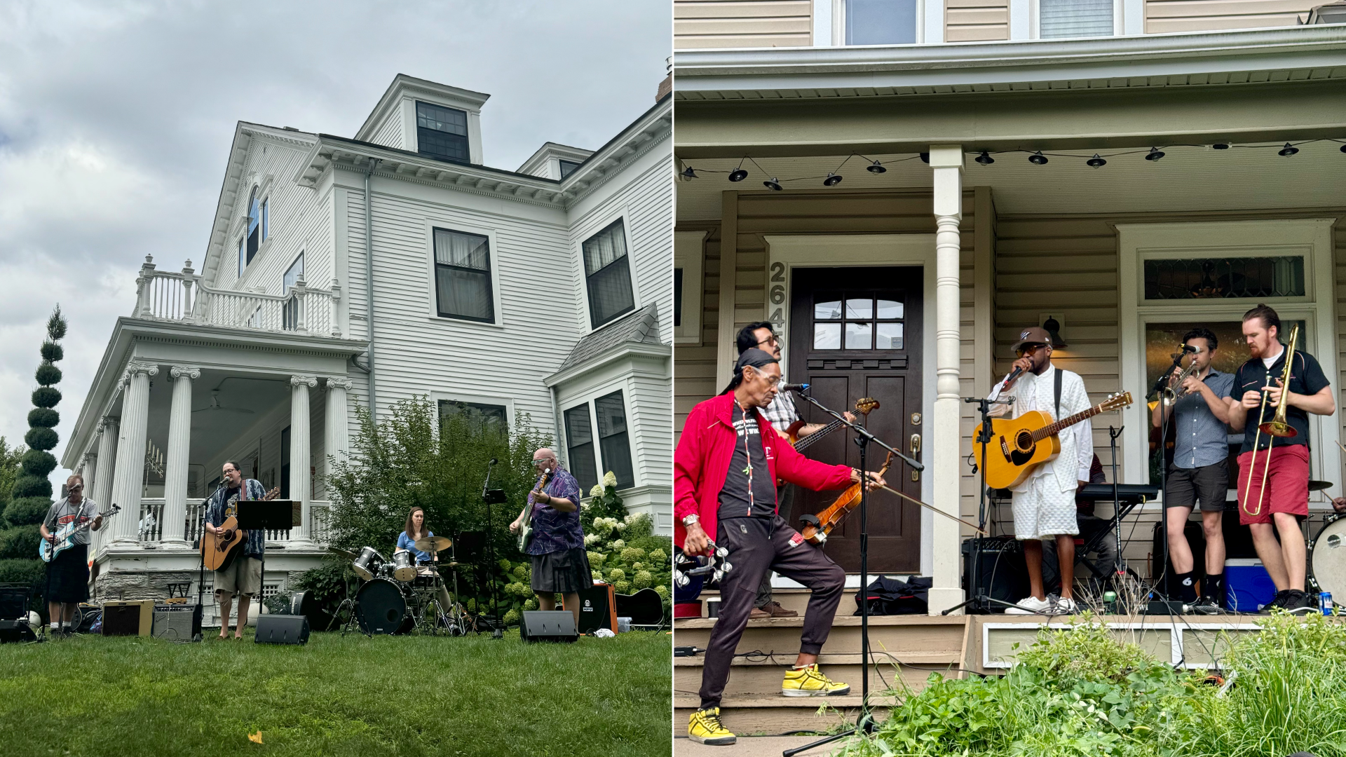 A band plays on the front lawn in front of a large white house on a cloudy day.
