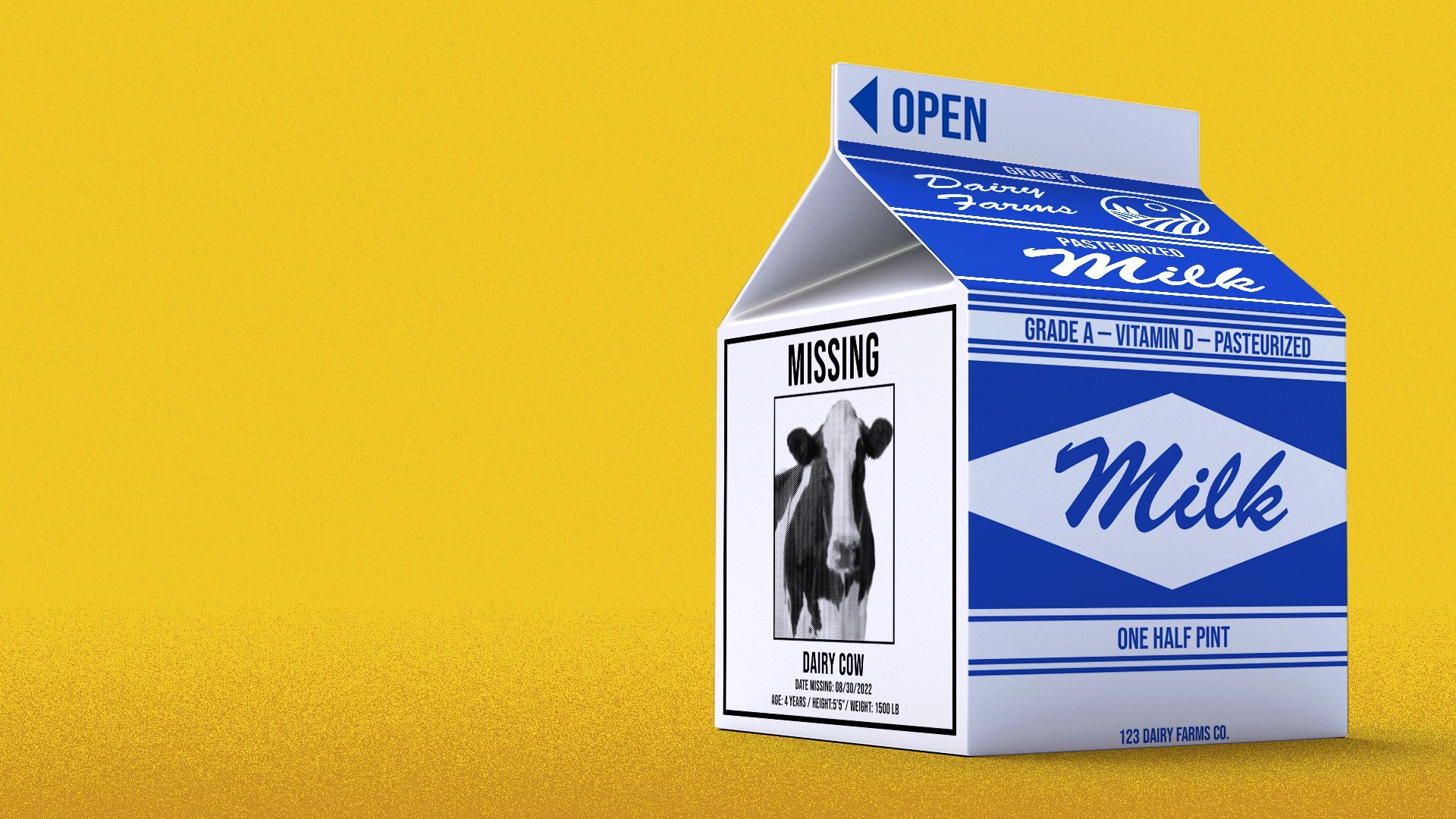 Illustration of a milk carton with a Missing Cow ad on the side.