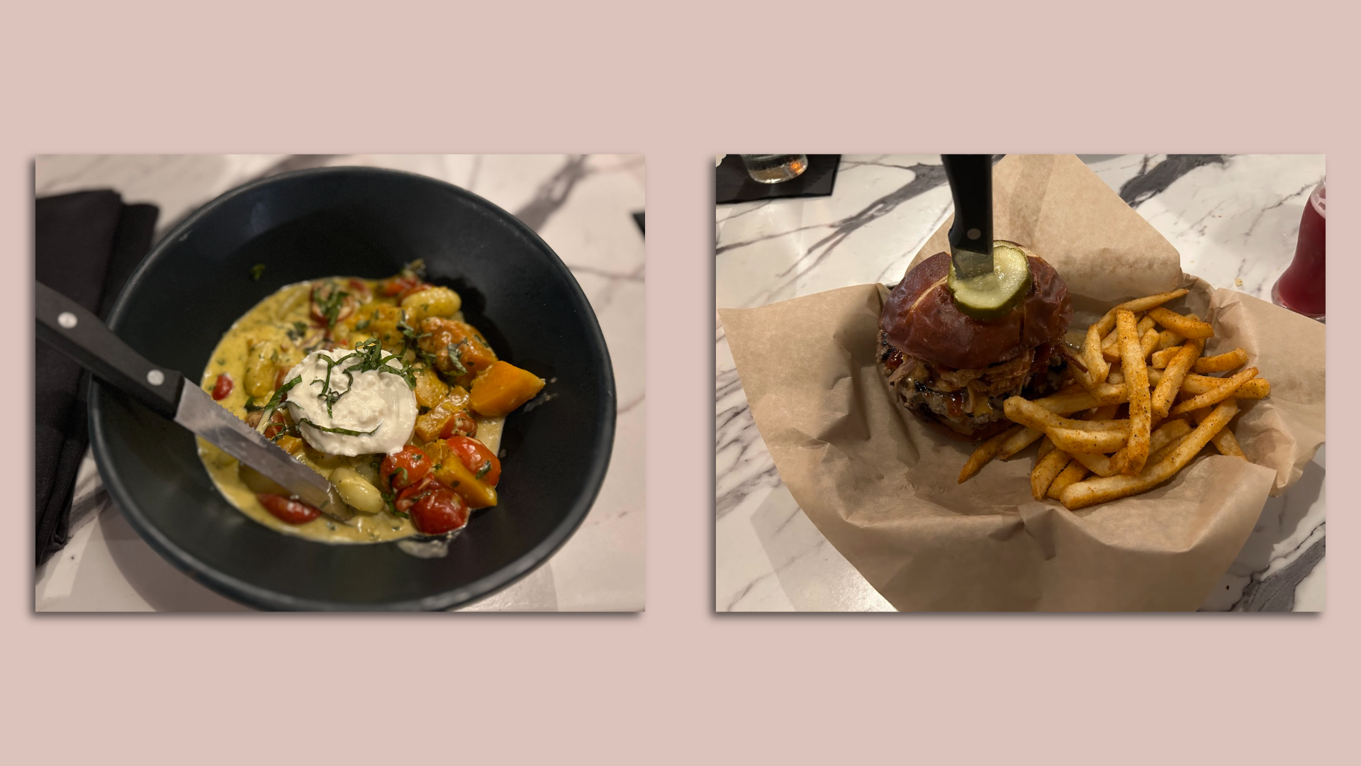 A gnocchi dish on the left; a brewpub burger with fries on the right.