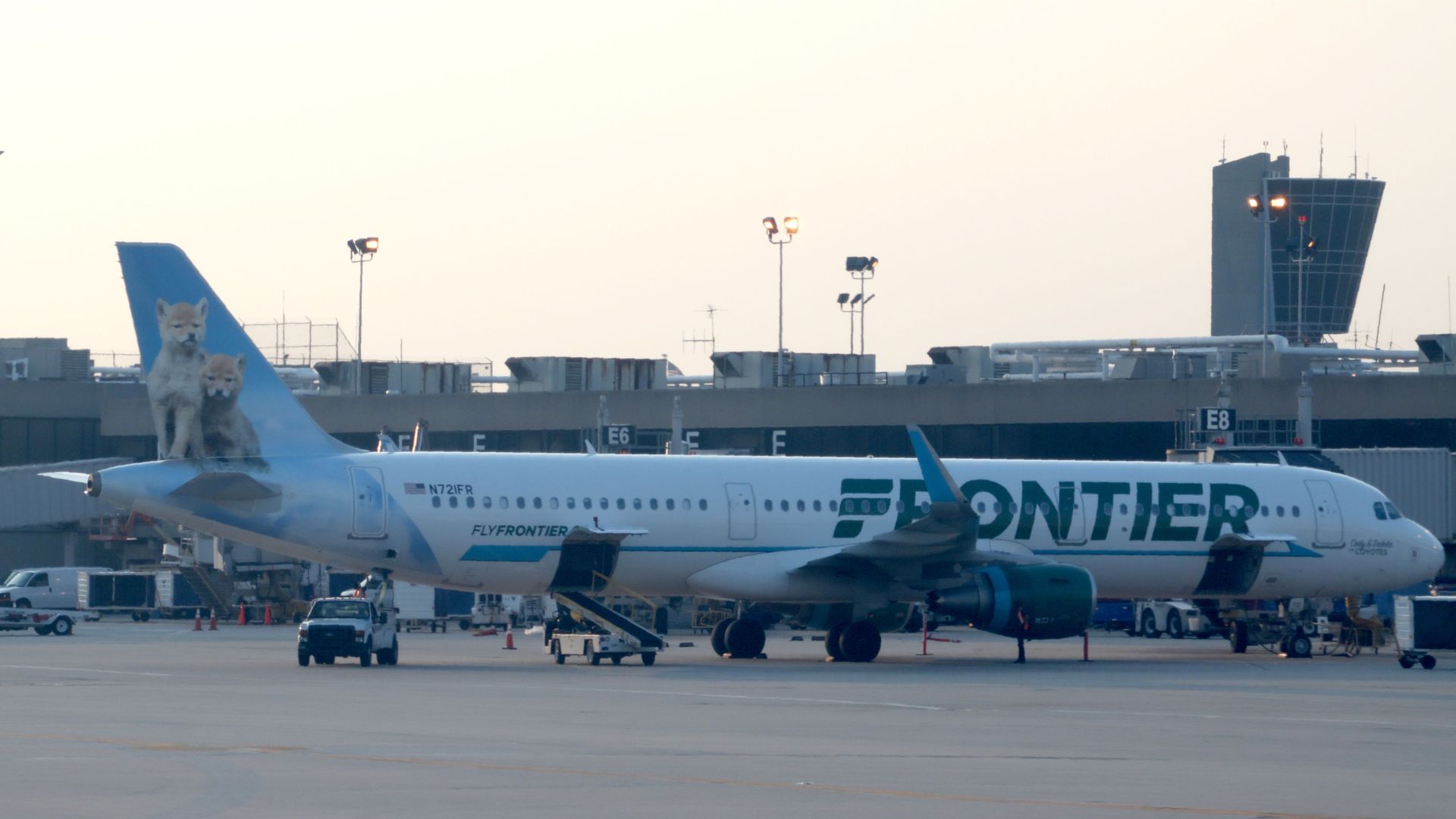 A Frontier Airlines jet at Philadelphia International Airport 