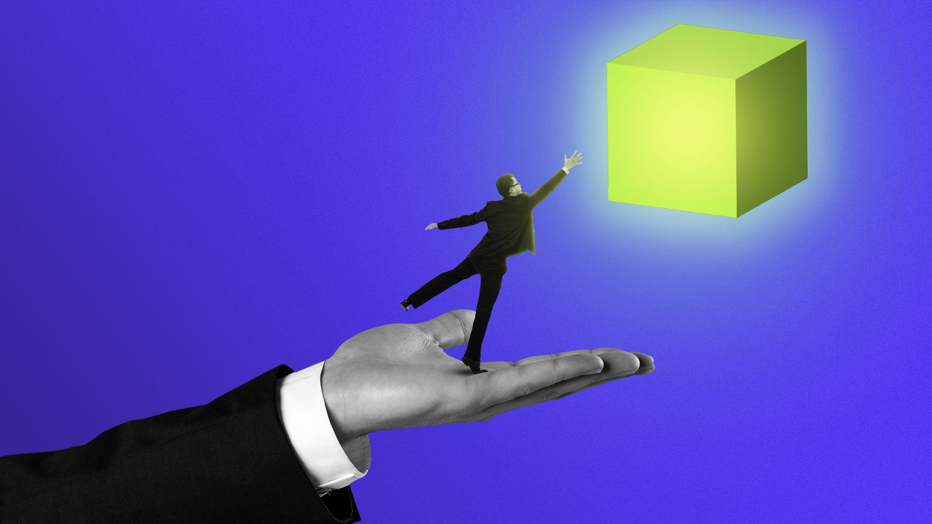 Illustration of a business person's hand holding up a smaller person in the palm of its hand, reaching out to a glowing block. 