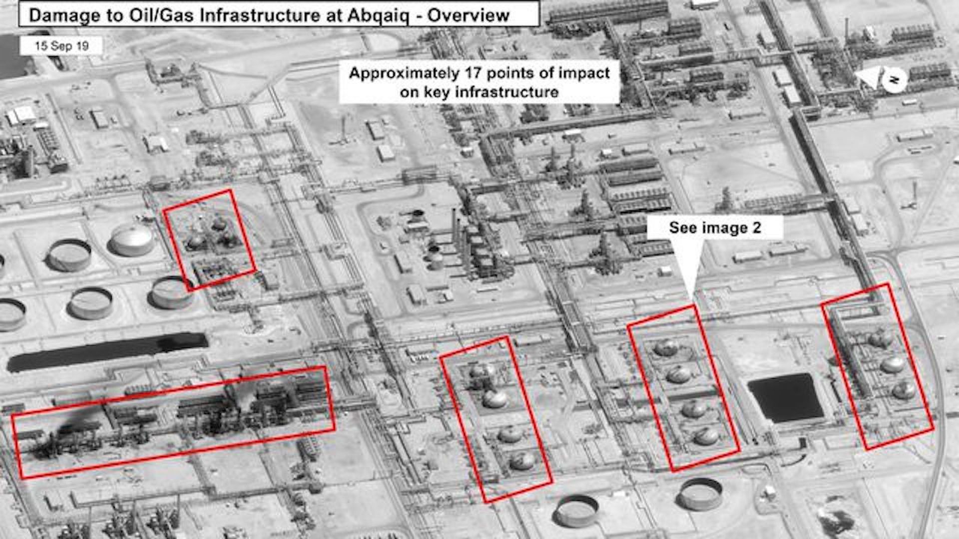 Satellite photo showing damage to a Saudi Aramco oil processing plant.