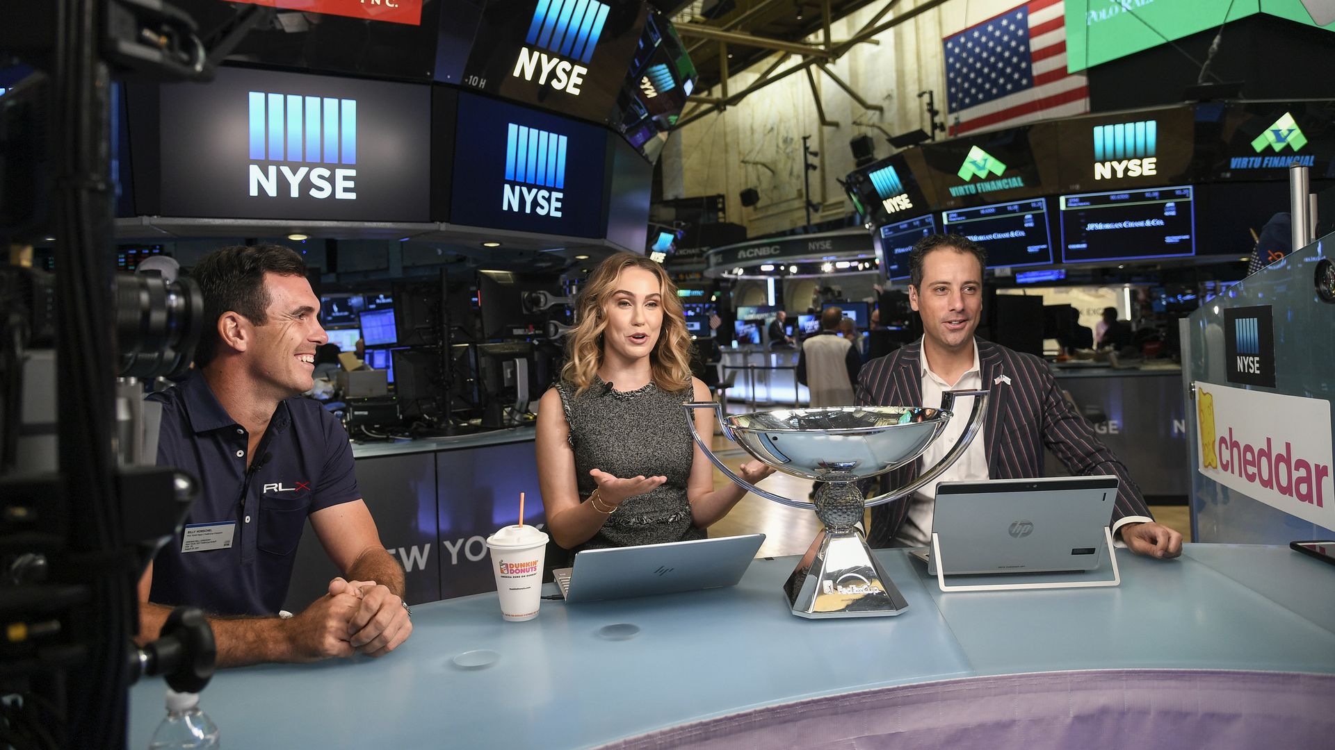 Billy Horschel speaks with Cheddar hosts Kristen Scholer and Jon Steinberg at the New York Stock Exchange