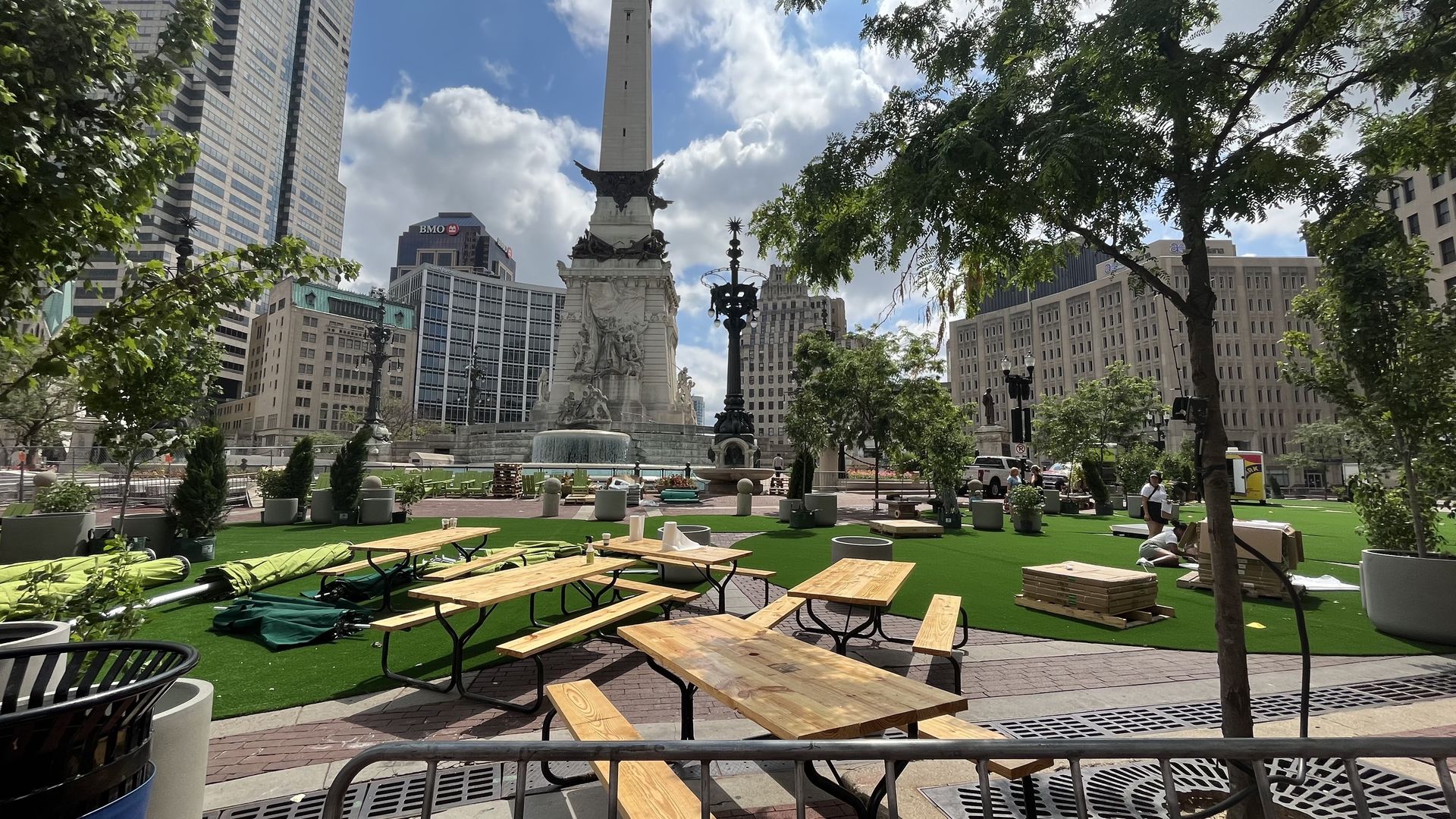 Tables and benches on monument circle