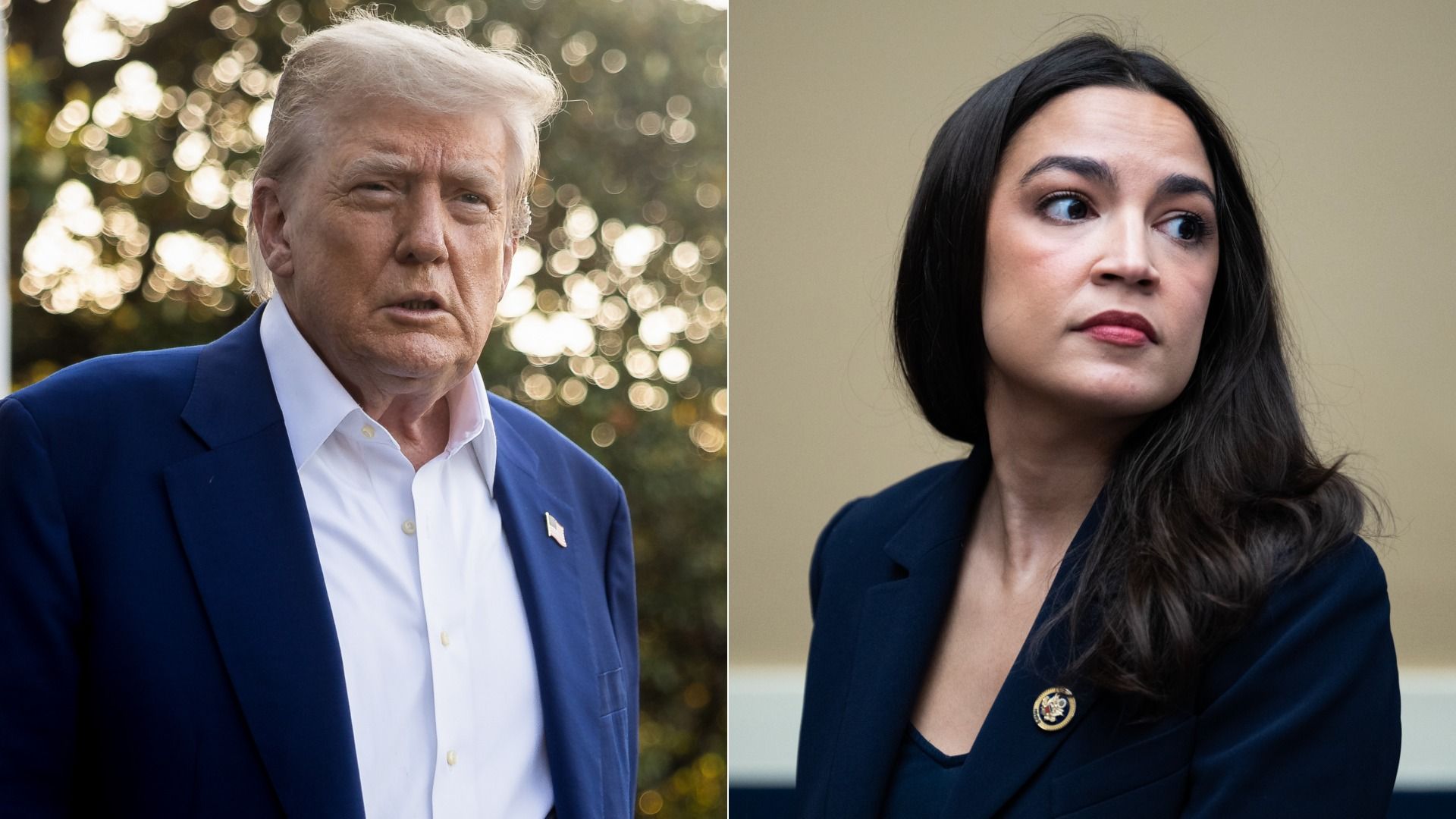 Side-by-side photos of Donald Trump, wearing a blue suit with no tie and standing in front of trees, and Alexandria Ocasio-Cortez, wearing a blue blazer in front of a cream colored wall.