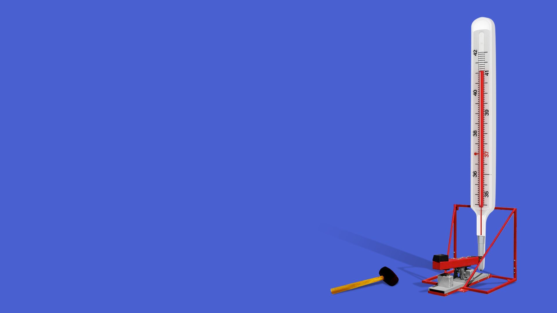 Illustration of a high striker with a thermometer instead of a strength meter. 