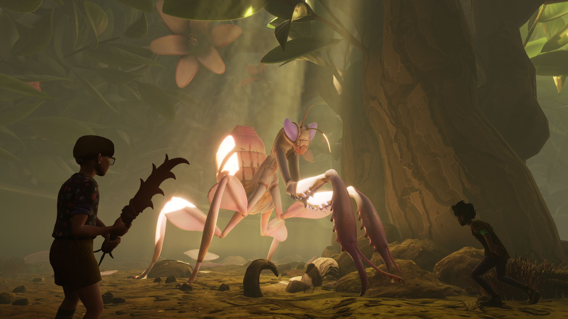 Video game screenshot of two people, shrunk to ant size, encountering a praying mantis