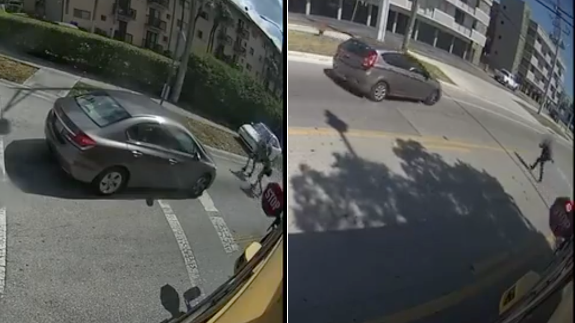 Screen grabs of school bus footage show drivers passing dangerously close to children