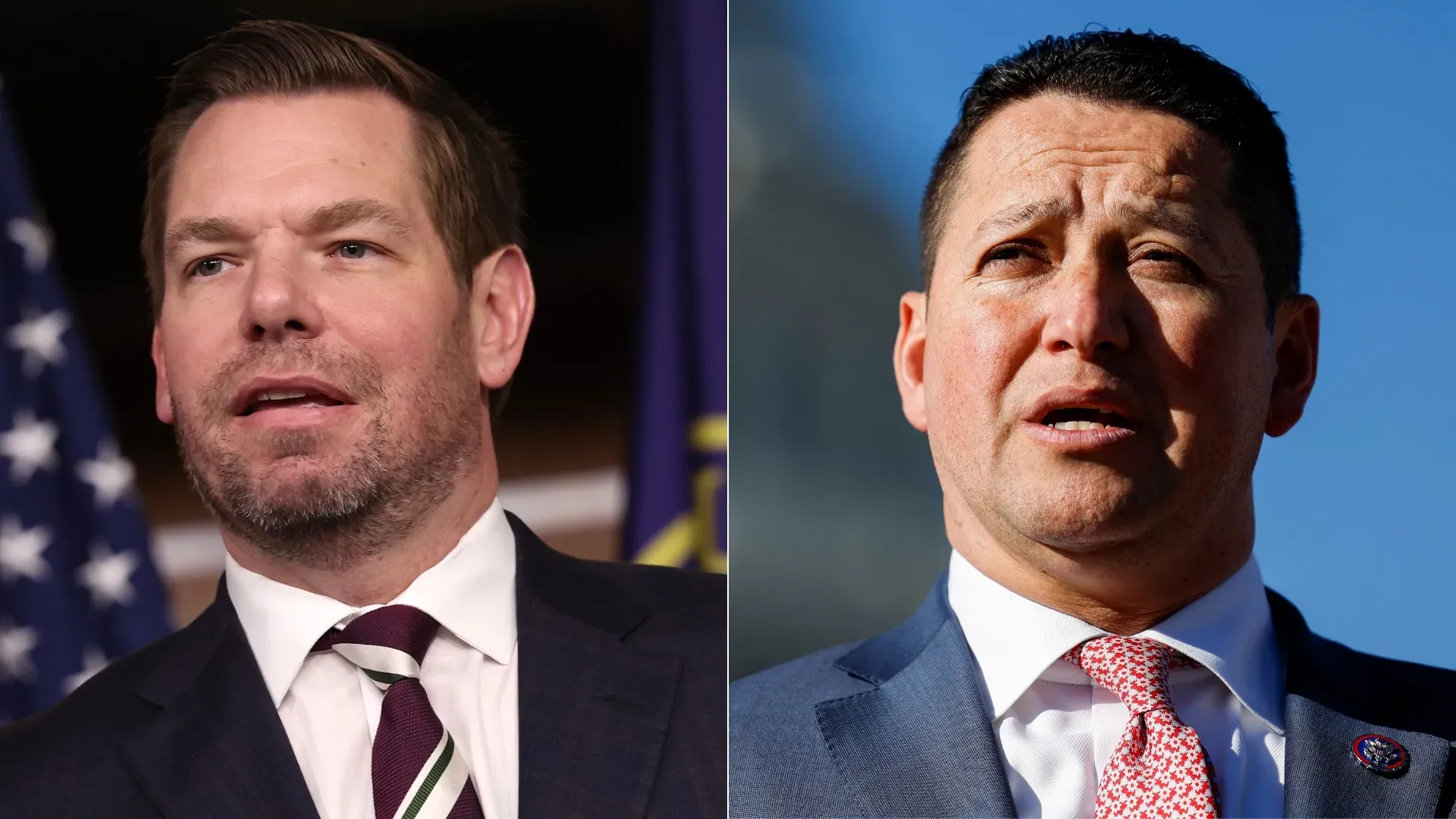 Split image: left, man in a dark suit and maroon striped tie with stubble; American flag in background. Right, man in a blue suit with red patterned tie outdoors against blue sky.