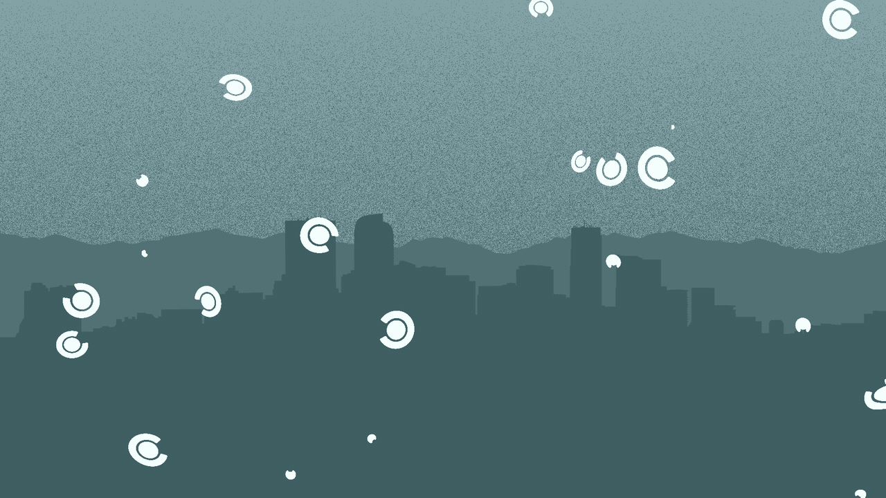 Animated illustration of the Denver skyline with snowflakes shaped like the C and sun from the Colorado flag falling on it.