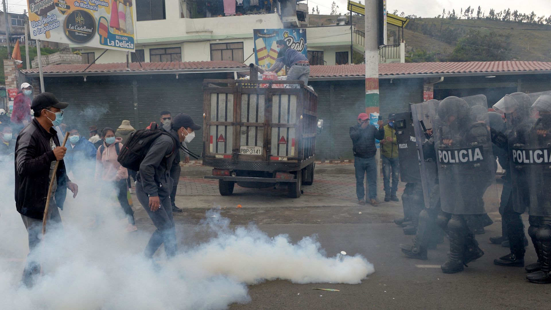 Demonstrators and police clash in Cotopaxi Province, Ecuador, during a protest.