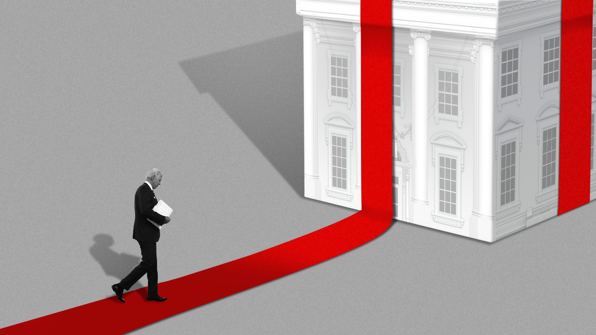 Illustration of President Elect Biden walking down a red carpet made out of ribbon towards a White House shaped box