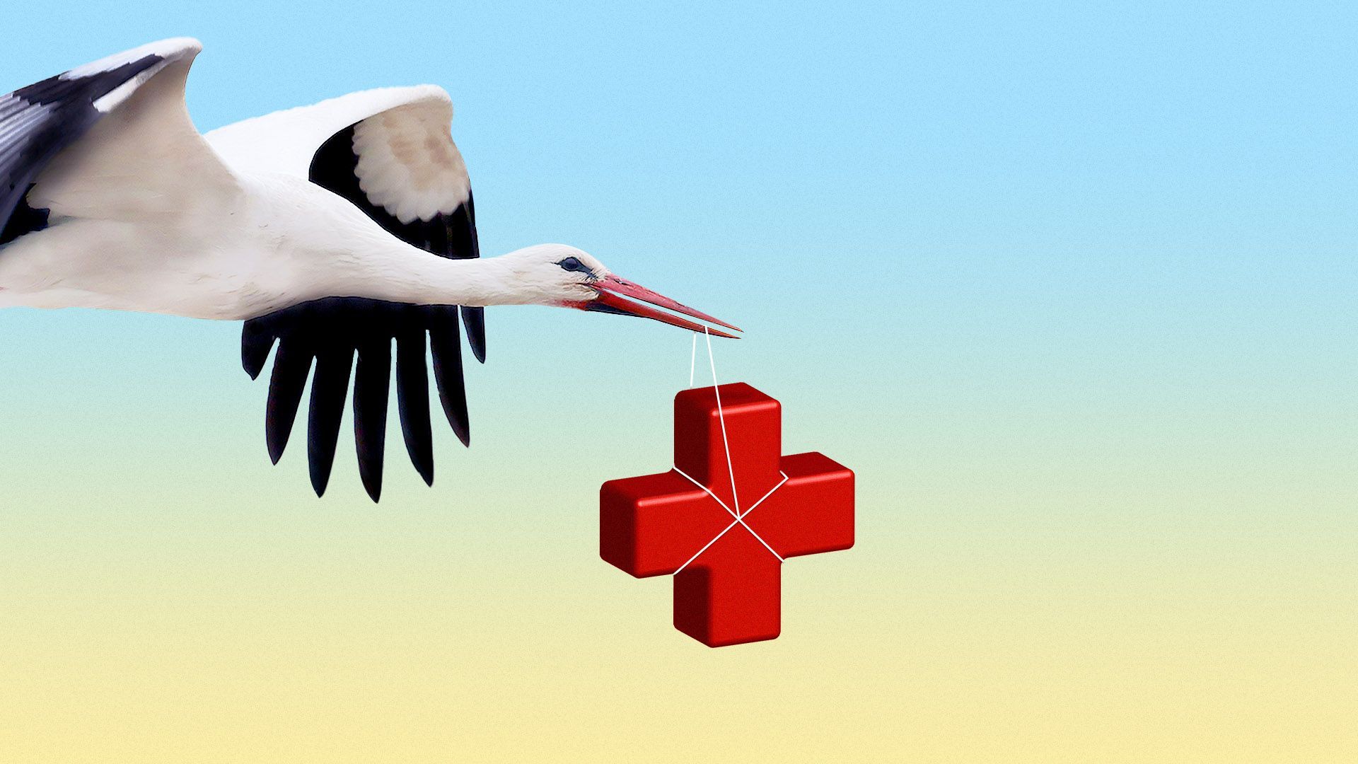 Illustration of a stork carrying a red cross