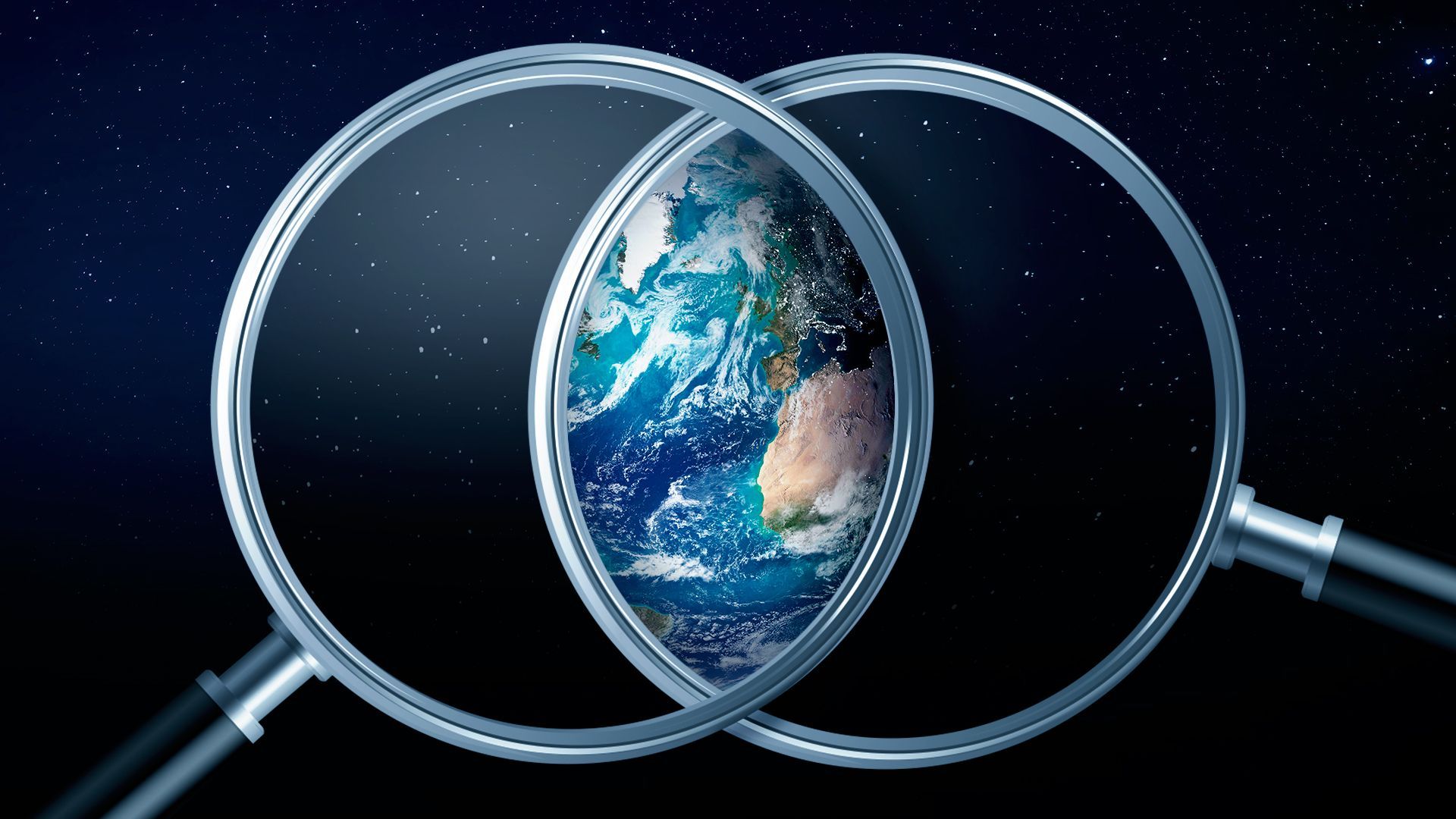 Illustration of two overlapping magnifying glasses forming a venn diagram with the overlapping circles revealing Earth in space. 