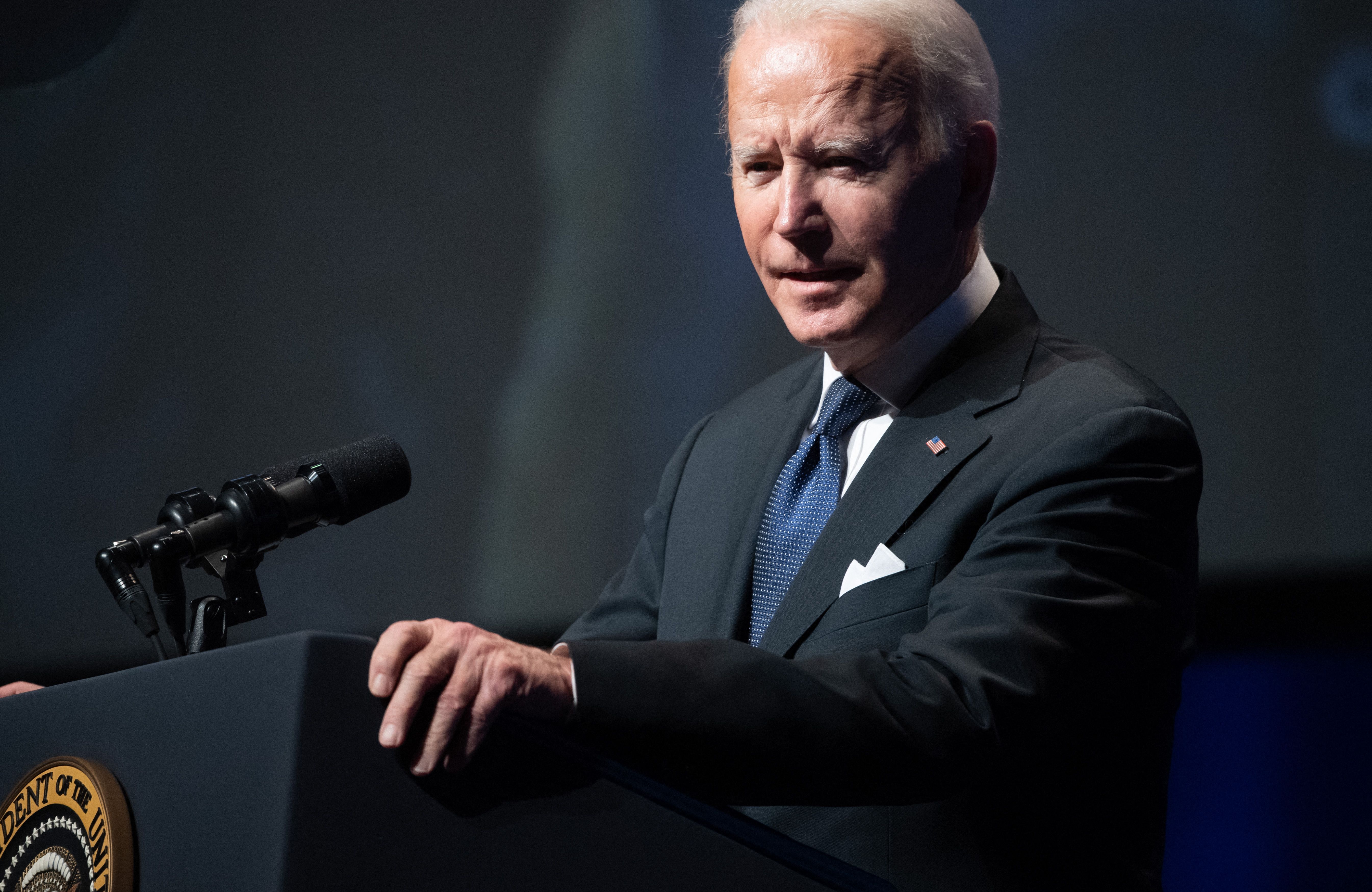 President Joe Biden speaks during a memorial service for the late US Senate Majority Leader Harry Reid at The Smith Center for the Performing Arts in Las Vegas, Nevada, January 8, 2022