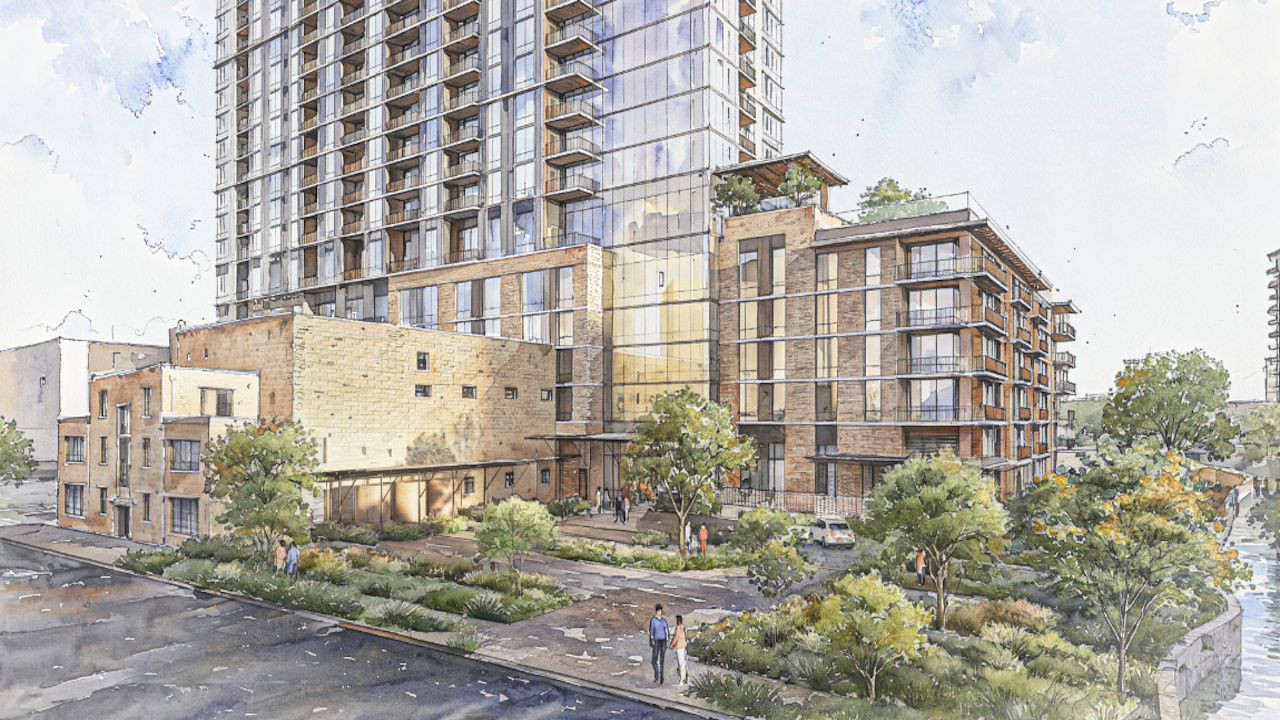 An artist's rendering of a planned 27-story apartment building in downtown San Antonio shows a modern mixed-use complex: a tall glass-clad tower with brick at the mid-point, and low brick buildings, with a landscaped plaza, trees, pedestrians, and the river nearby.