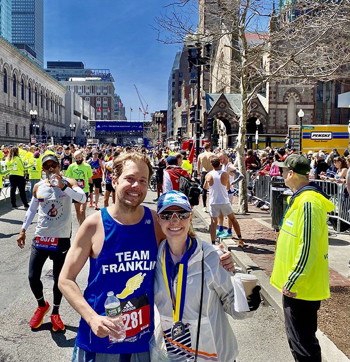 Franklin Keathley (left) and his wife, Paula Pridgen after the Boston Marathon.