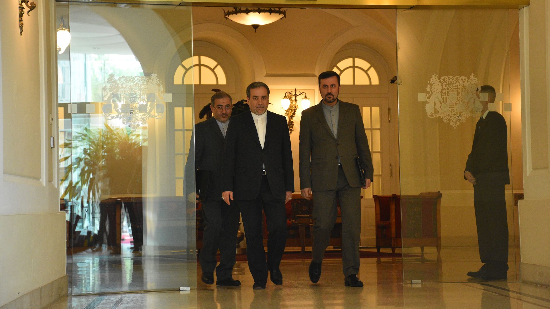 ranian Deputy Foreign Minister Abbas Araghchi (2nd L) arrives to make a speech after attending Joint Comprehensive Plan of Action (JCPOA) meeting.