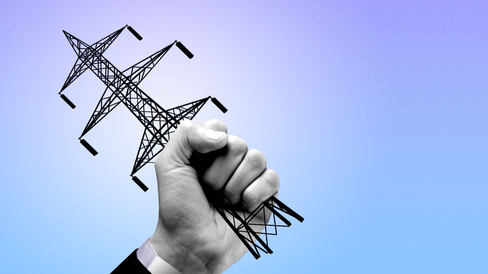 Illustration of a hand gripping and holding high a transmission line structure