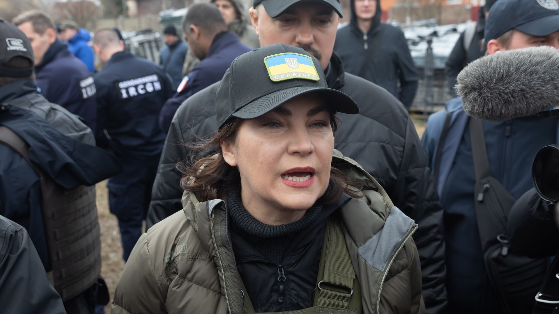 Prosecutor General of Ukraine, Irina Venediktova speaks to journalists during the exhumation of the victims of the Buchan genocide.