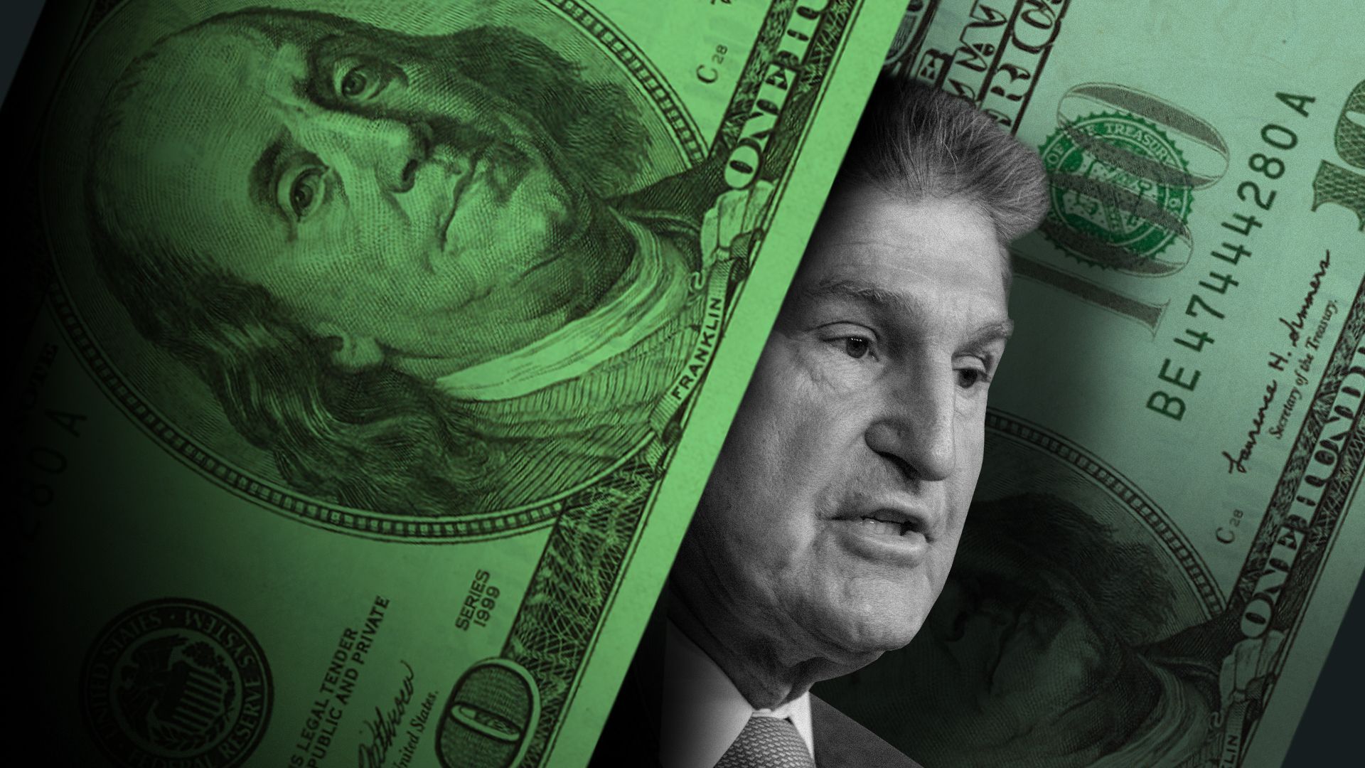 Illustration of Manchin between two one hundred dollar bills