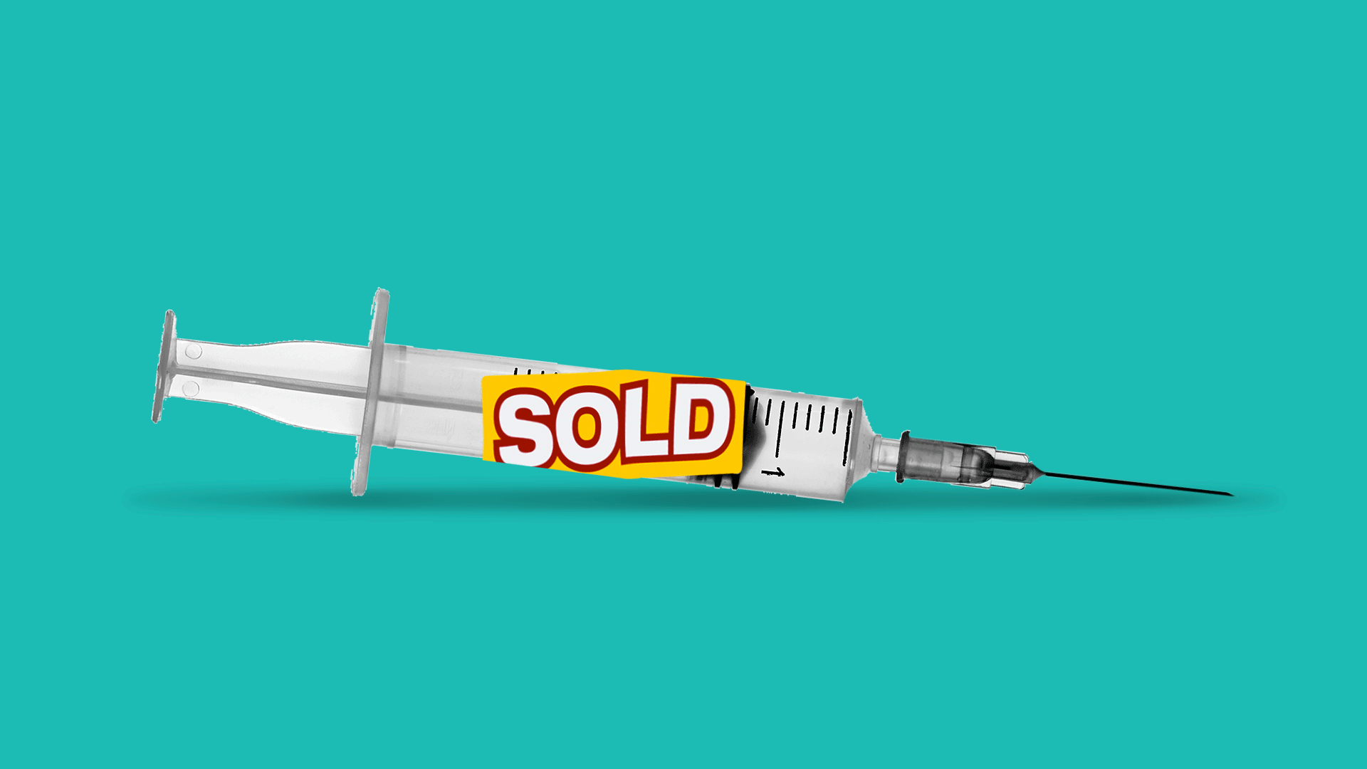 Illustration of a syringe needle with a sold sticker on it.