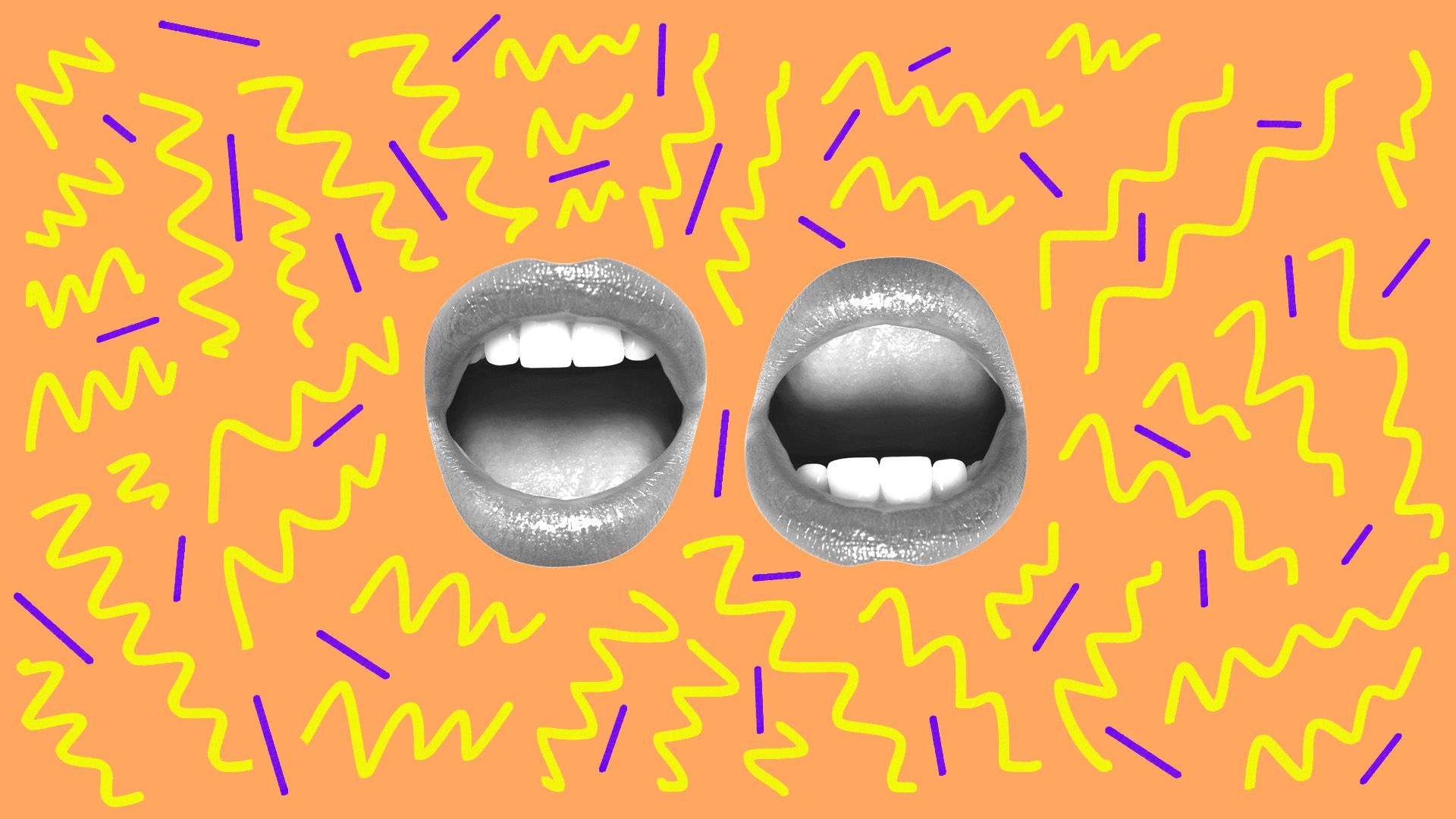 Illustration of two mouths surrounded by 90s style pattern