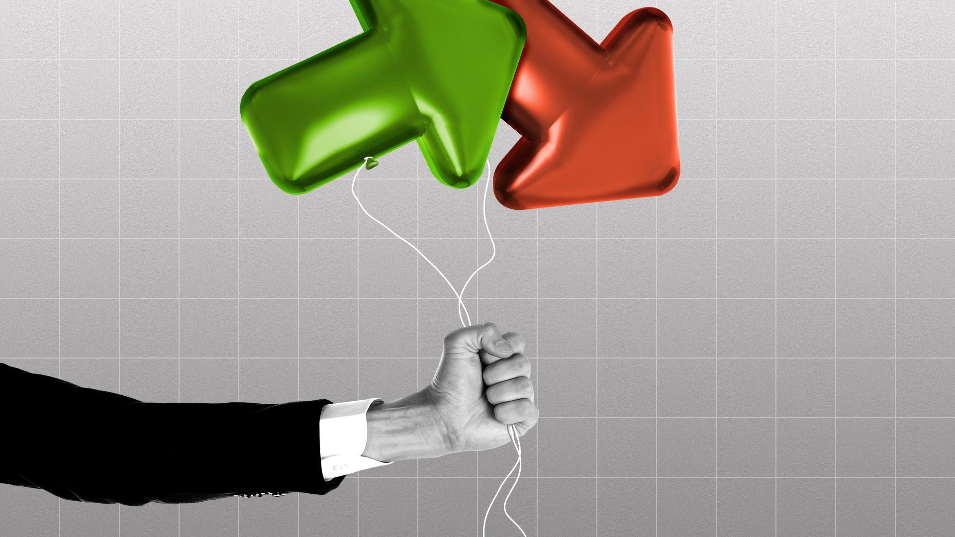 Illustration of an outstretched arm holding one green and one red arrow-shaped balloon