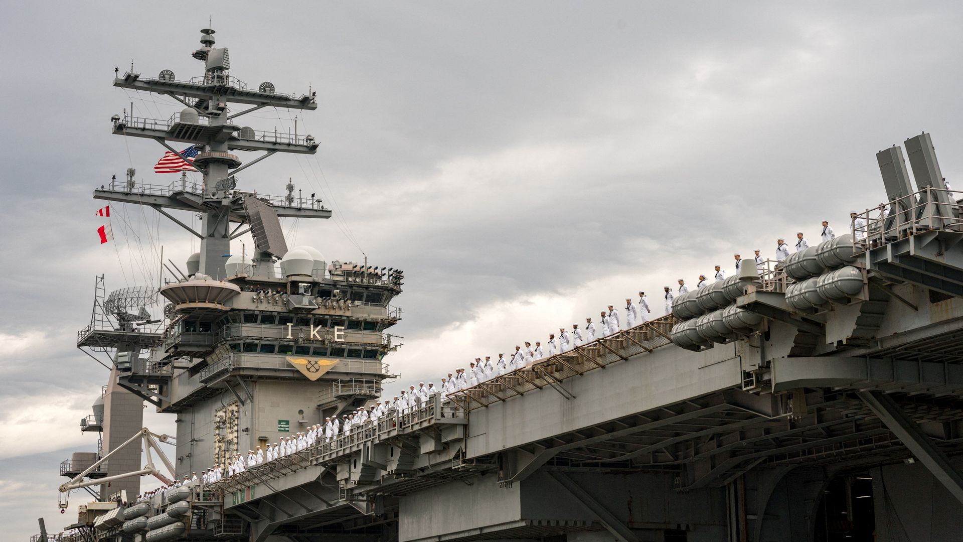 The USS Dwight D. Eisenhower deploys from Norfolk, Va., last week to head for the Middle East.