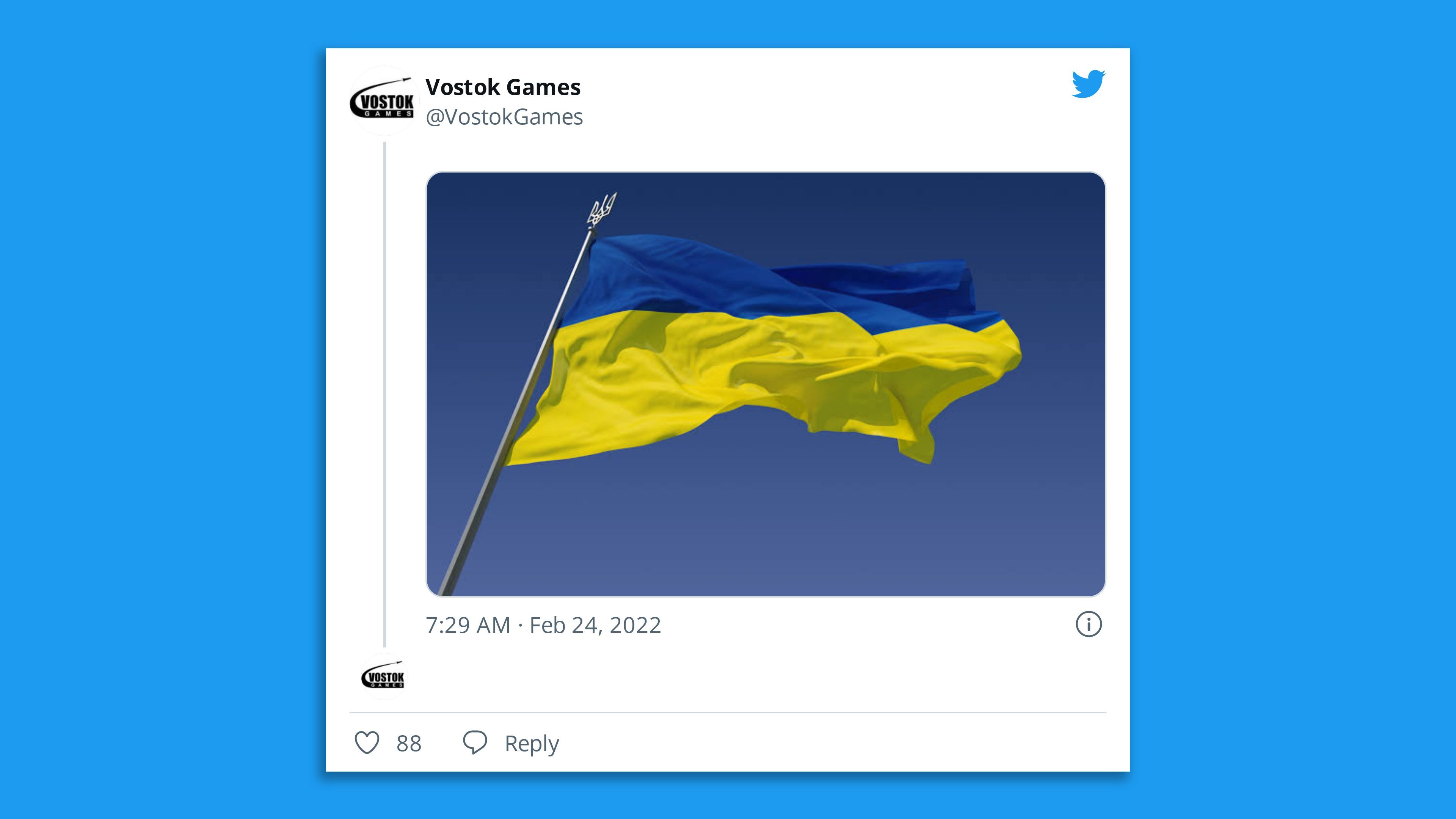 A tweet showing a picture of a waving Ukrainian flag.