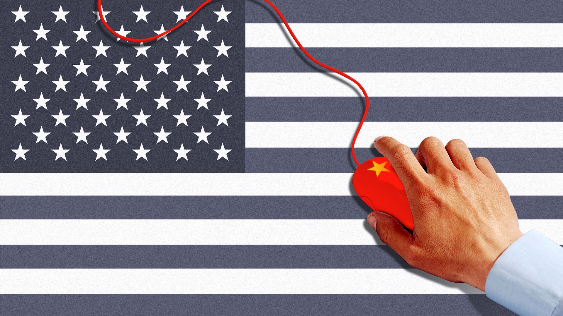 Illustration of a blue American flag with a red mouse with a star on it representing the Chinese flag