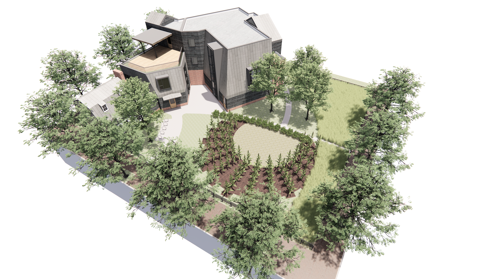 A rendering showing trees, a garden, and a gray house with a brick foundation