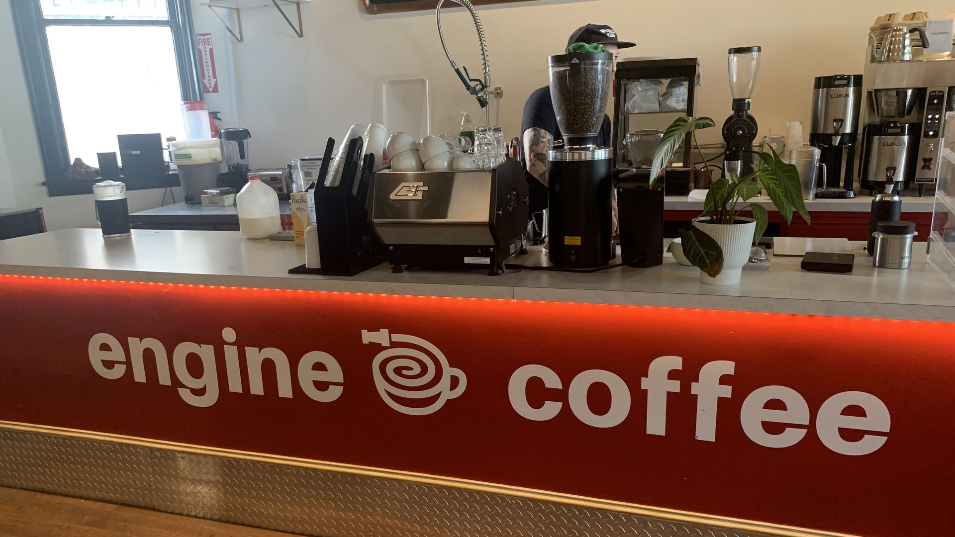 Inside a coffee shop with a red counter reading "engine coffee" with a coffee cup and engine swirl logo; barista behind counter with coffee machines and a green potted plant.
