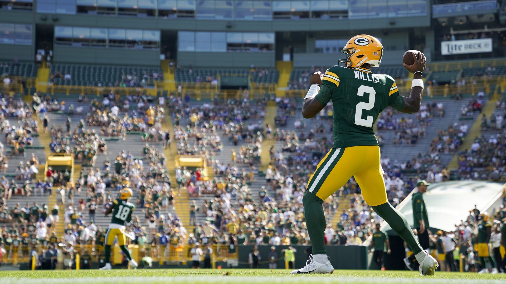 Quarterback Malik Willis #2 of the Green Bay Packers warms up prior to a game against the Indianapolis Colts at Lambeau Field on September 15, 2024 in Green Bay, Wisconsin.