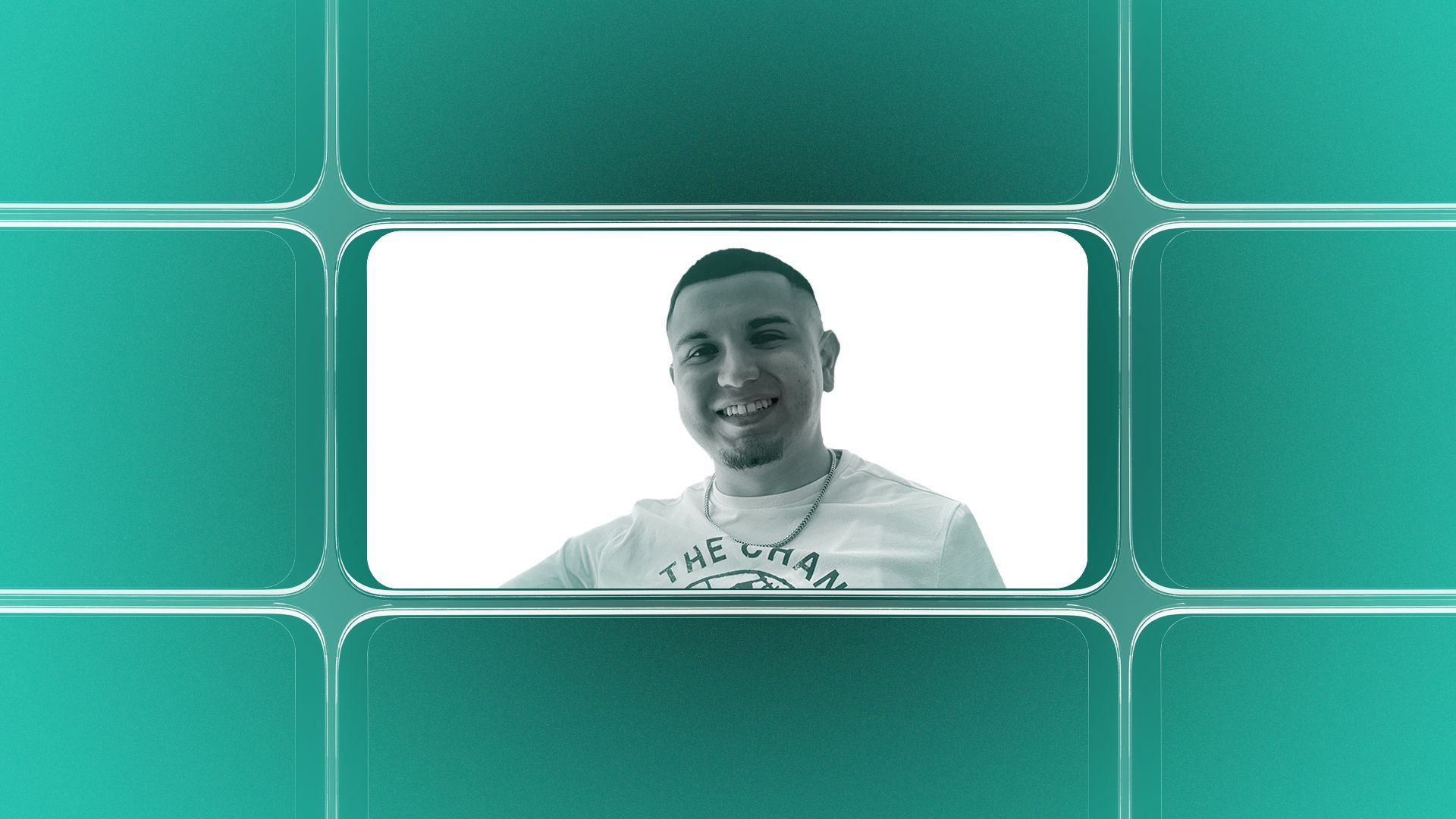 Photo illustration of a grid of smartphone screens, the center one showing an image of David Lopez.