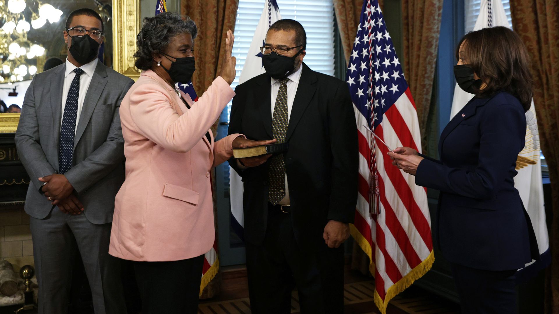 Vice President Kamala Harris is seen swearing in Linda Thomas-Greenfield as U.S. ambassador to the United Nations.