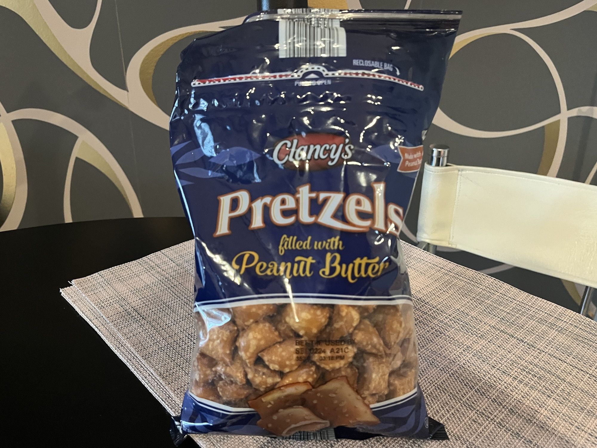 Bag of Clancy's peanut butter filled pretzels. 