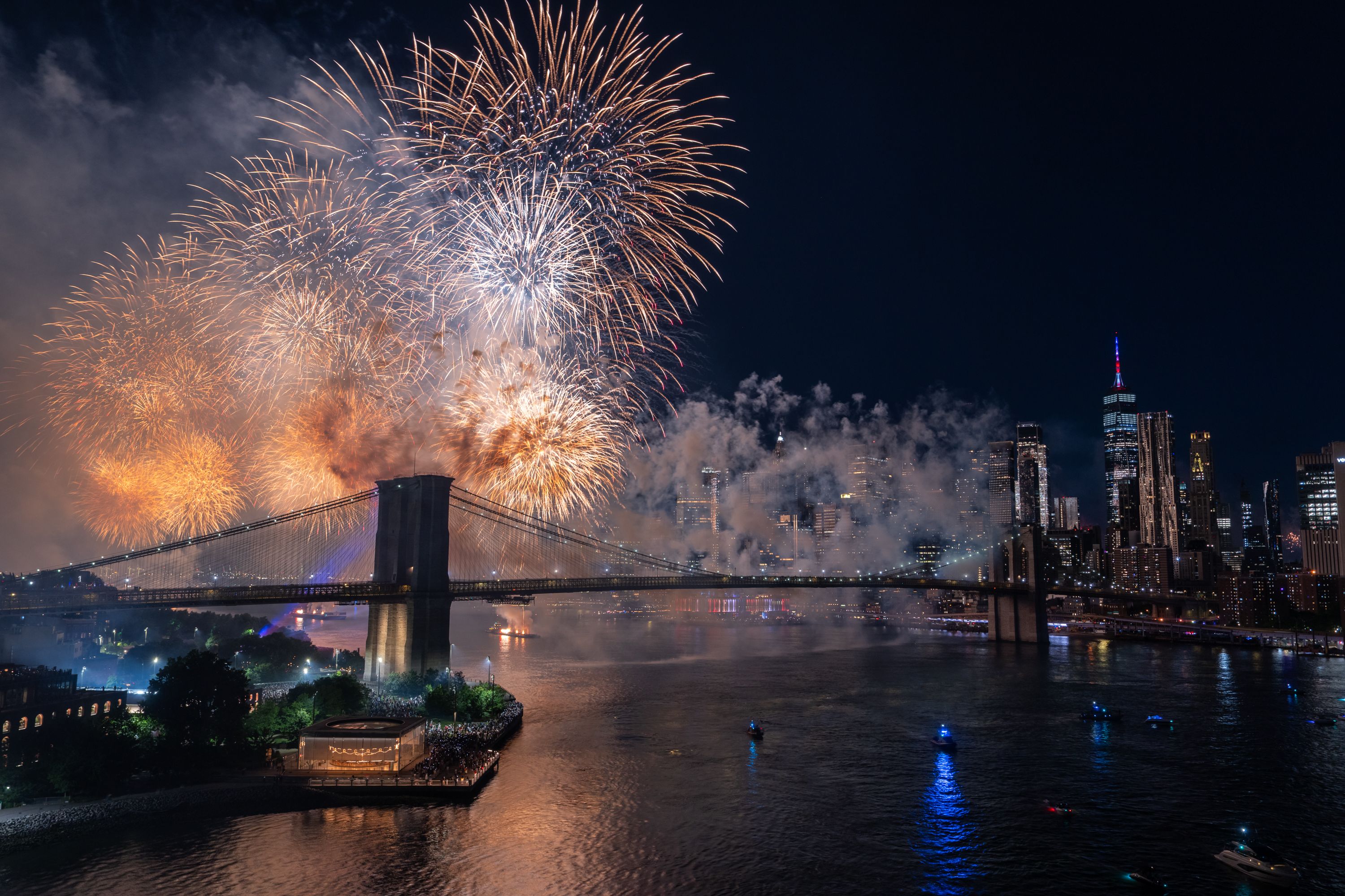 Fireworks over Brooklyn Bridge