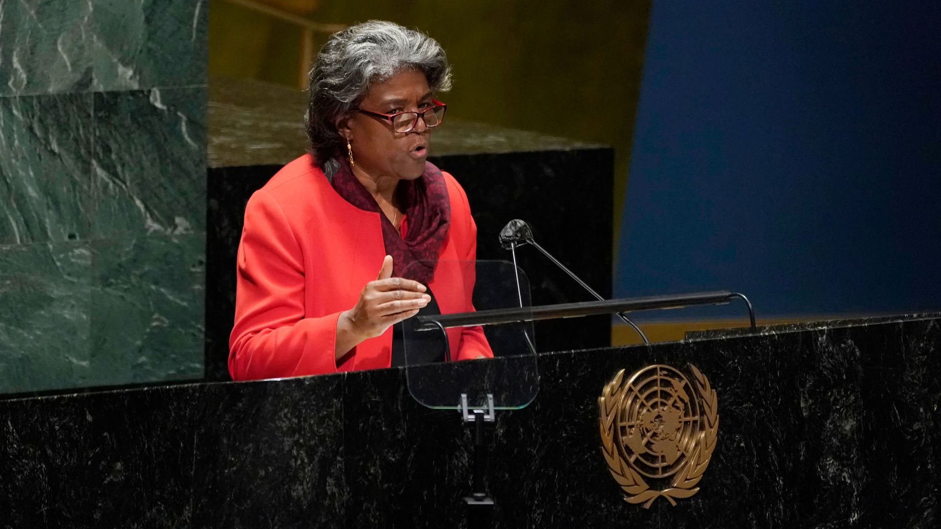U.N. Ambassador Linda Thomas-Greenfield is seen speaking on Wednesday.