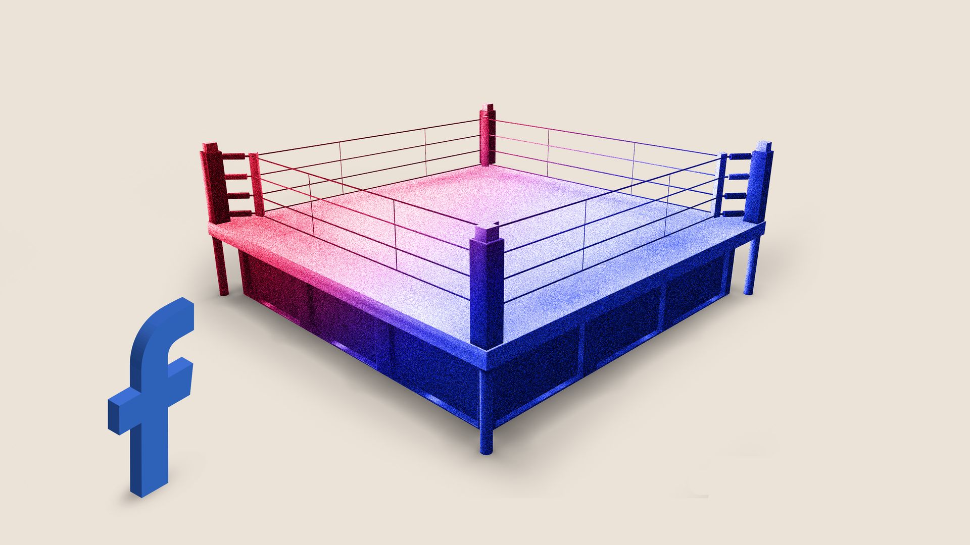 A Facebook "F" stands outside of a red and blue boxing ring