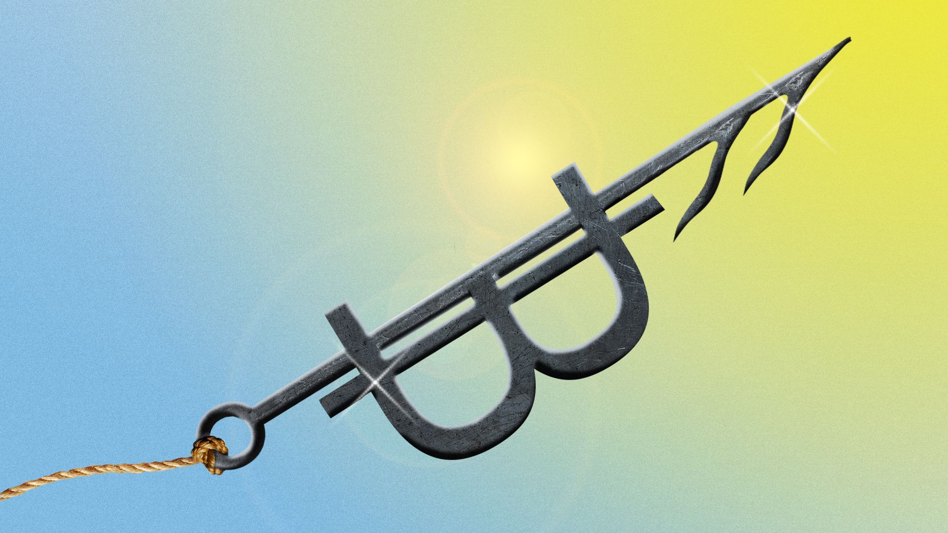 Illustration of a harpoon shaped like the Bitcoin logo. 