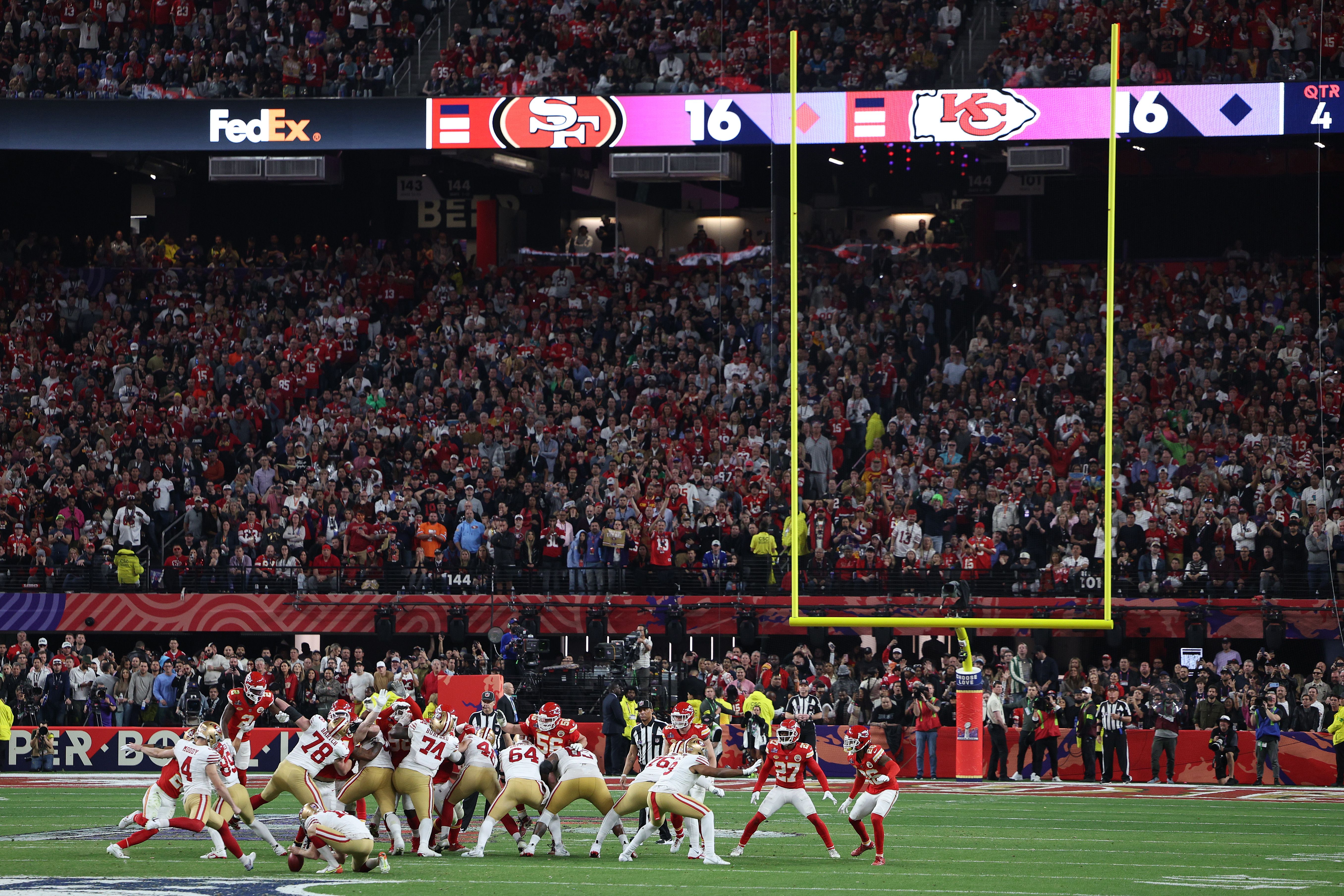 Jake Moody #4 of the San Francisco 49ers kicks a 53 yard field goal during the fourth quarter against the Kansas City Chiefs during Super Bowl LVIII at Allegiant Stadium on February 11, 2024 in Las Vegas, Nevada. 