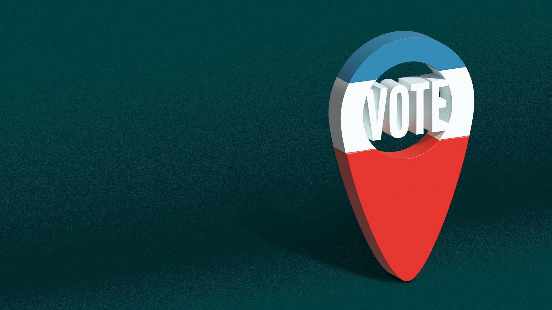 Illustration of a red, white, and blue combined GPS location pin and election button that says VOTE in the middle.