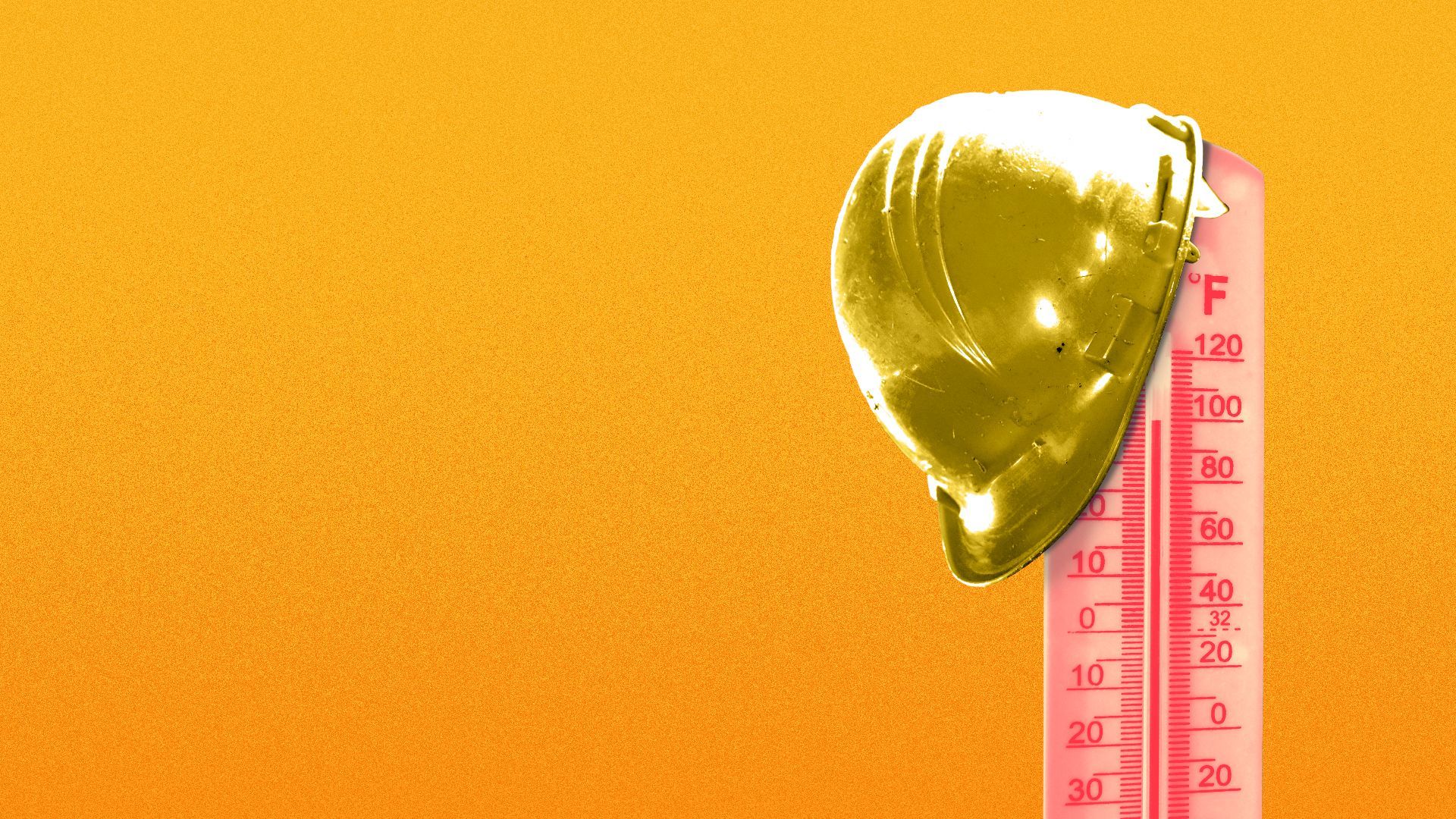 Illustration of a thermometer hitting 100 degrees with a construction helmet hanging off of it.