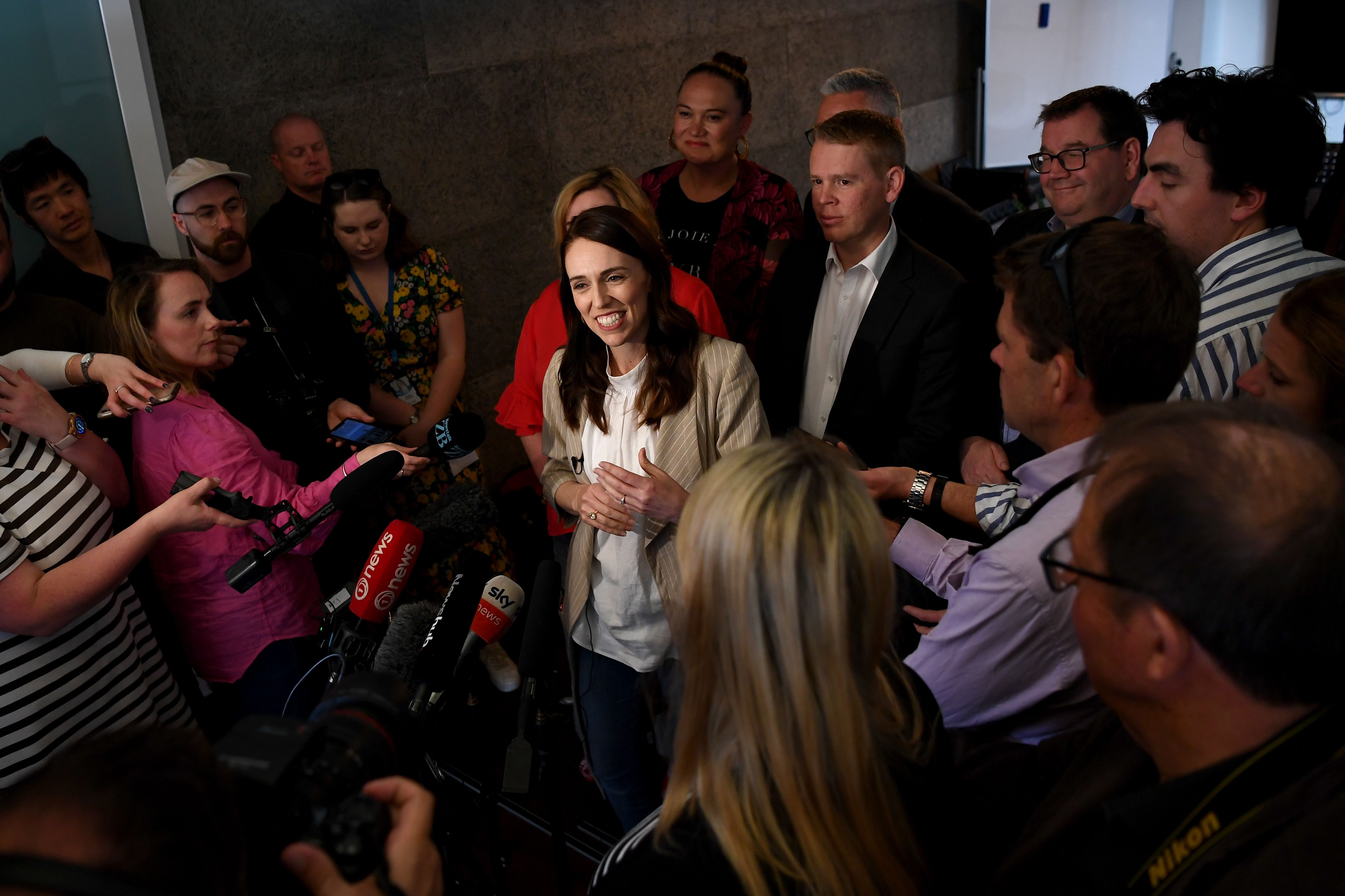 New Zealand Prime Minister Jacinda Ardern holds a press conference after meeting with members of her party on October 18, 2020 in Auckland, New Zealand.