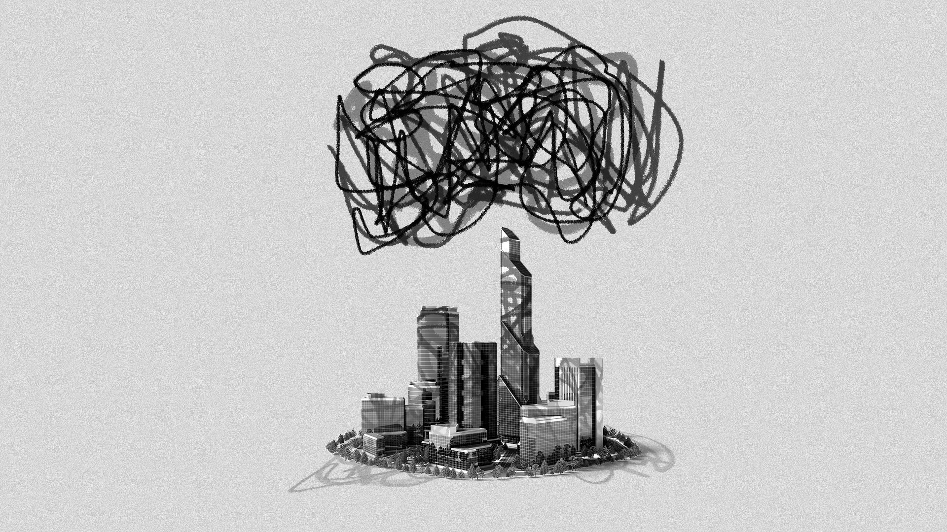 Illustration of a city with scribbles floating above it. 