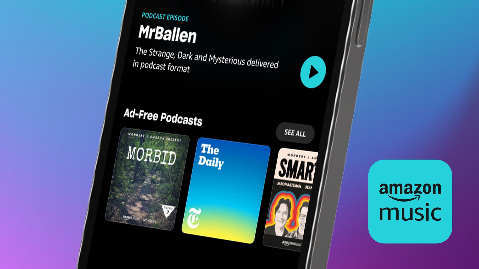 Smartphone with Amazon Music app podcast playing