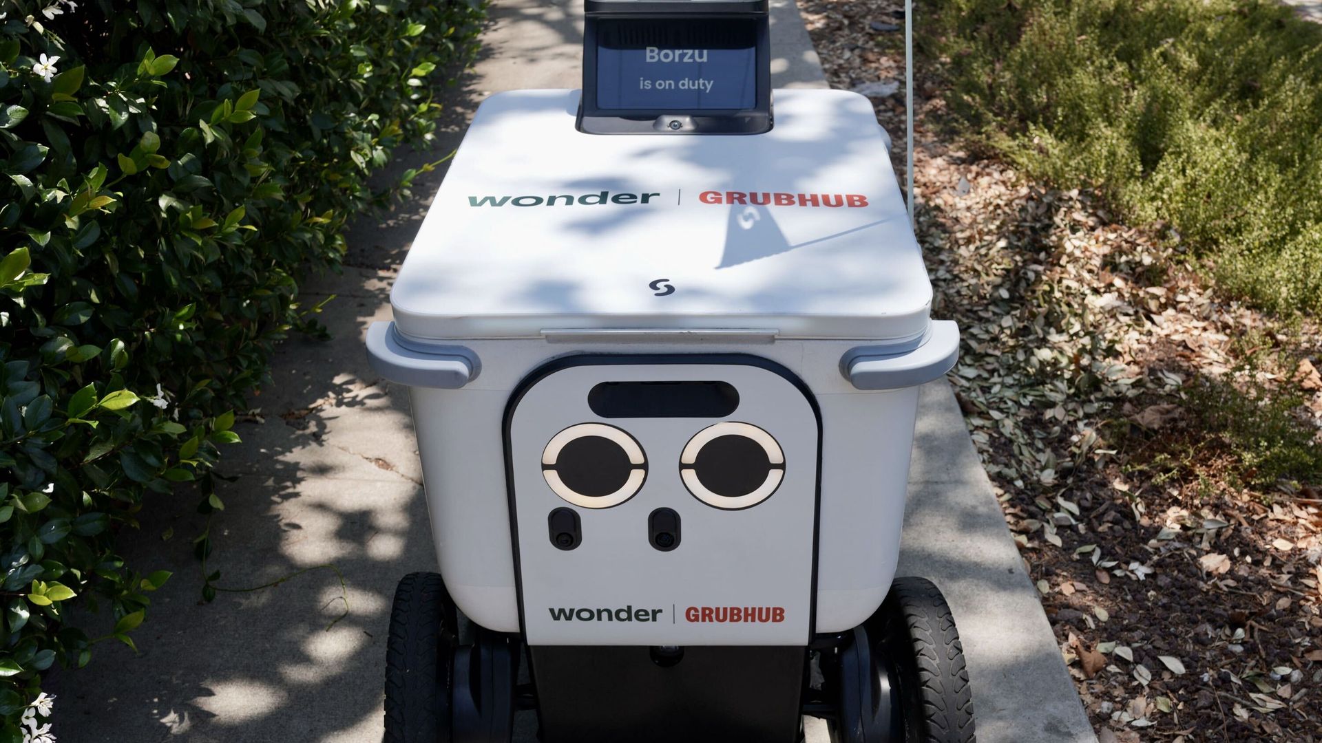 White autonomous delivery cart with a blue display reading "Borzu is on duty" and branding "wonder | GRUBHUB" on the lid, flanked by green bushes on the left and dry foliage on the right.